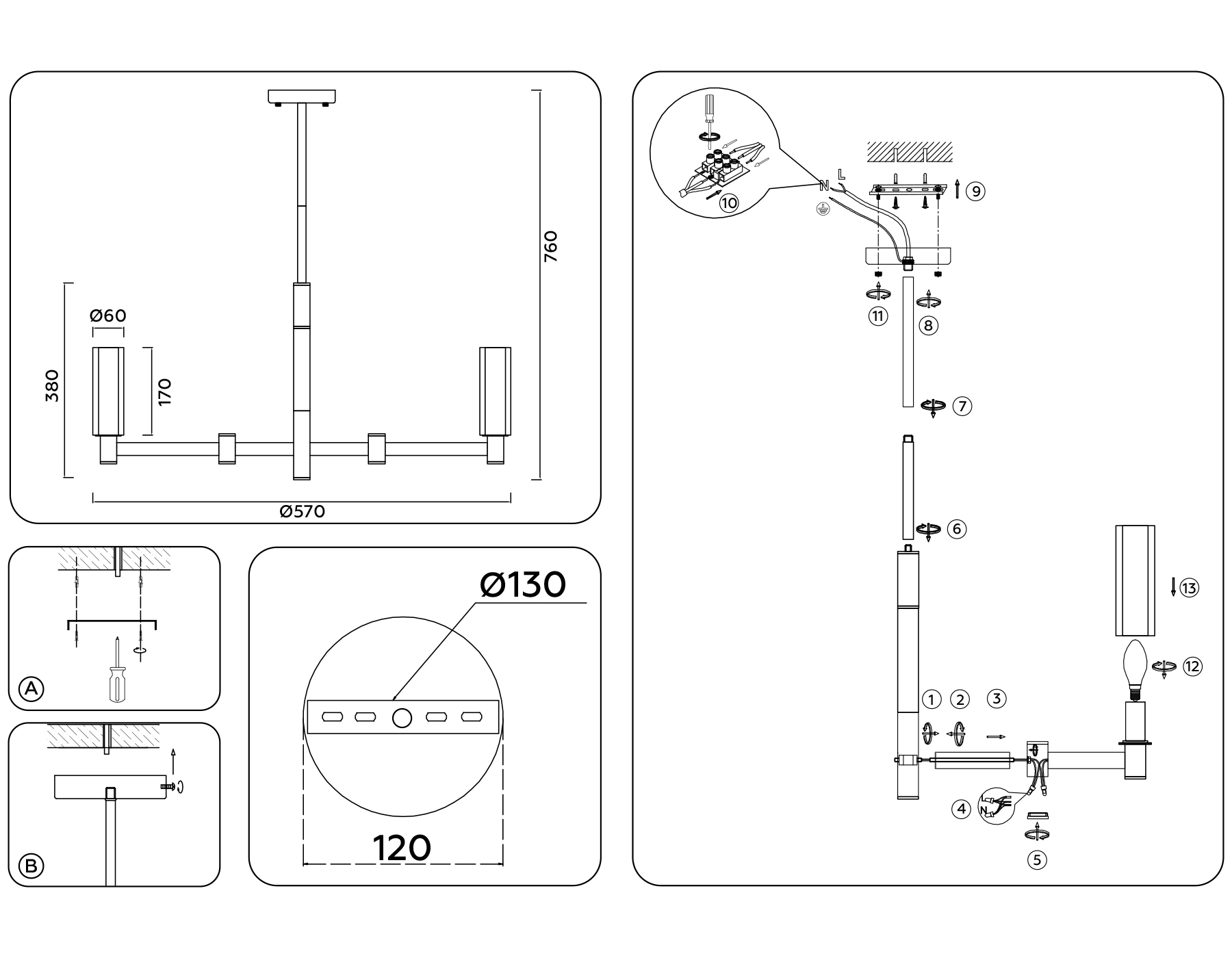 Люстра на штанге LH55511/6 BK/BS/CL черный/латунь/прозрачный E14*6 max 40W D570*760