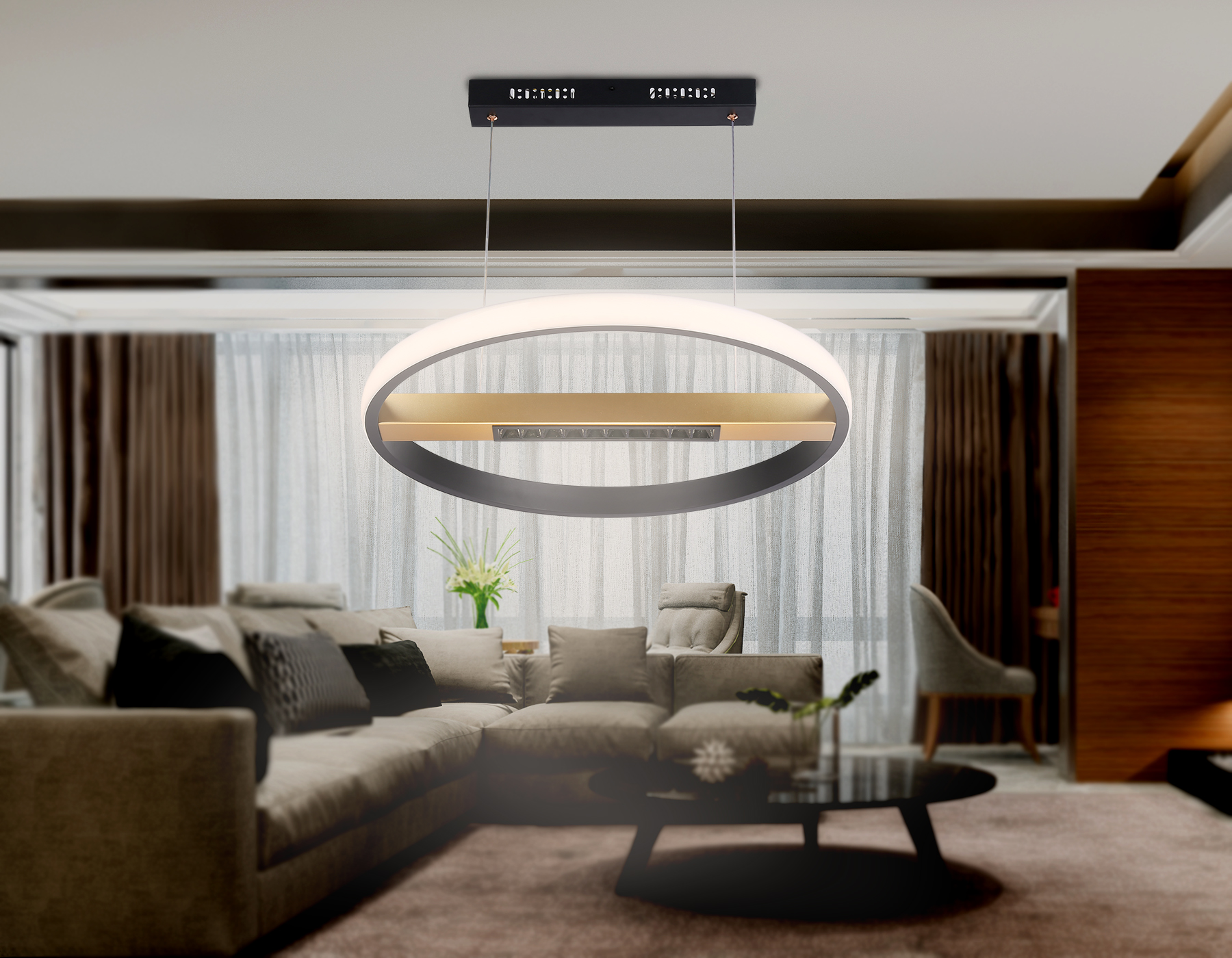 Подвесной светодиодный светильник с пультом управления FL51489 BK/GD черный/золото 62W 3000K-6400K D600*1000 (ПДУ ИК)