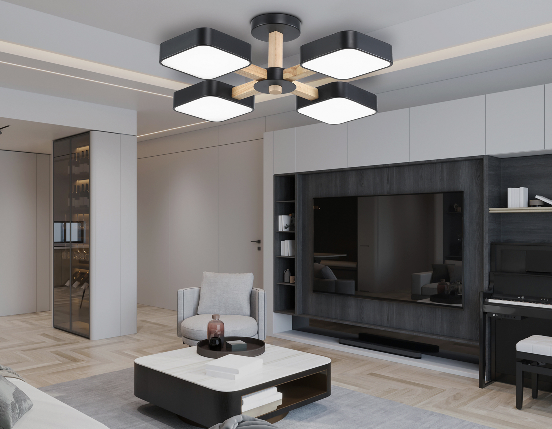 Люстра светодиодная на штанге FL4880/4 BK/WD черный/дерево 72W 3000-6000K D610*160 (без ПДУ)