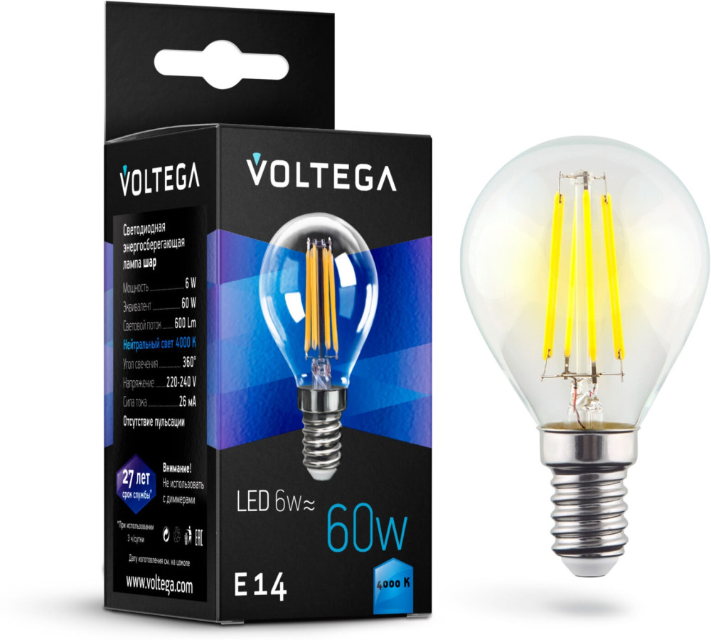 Лампочка светодиодная 4000K 600Lm E14x6W CRYSTAL 7022 (voltega_7022)