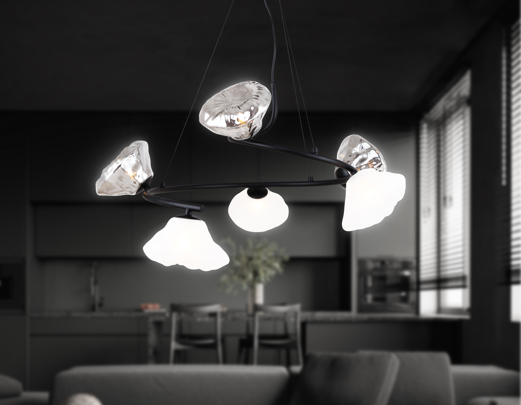 Подвесная люстра LH15003/6 BK/FR/SM черный/белый матовый/дымчатый G9*6 max 40W D630*1150