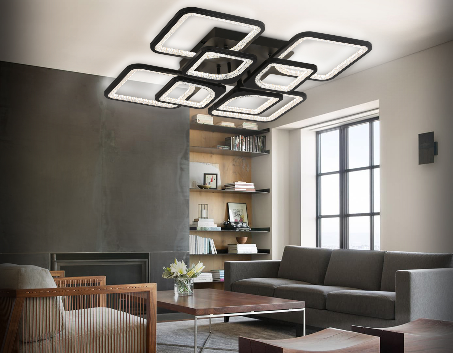 Потолочный светодиодный светильник с пультом FA4424/4+4 BK черный 150W 3000K+6400K/4200K/6400K+3000K 580*580*120 (ПДУ ИК)