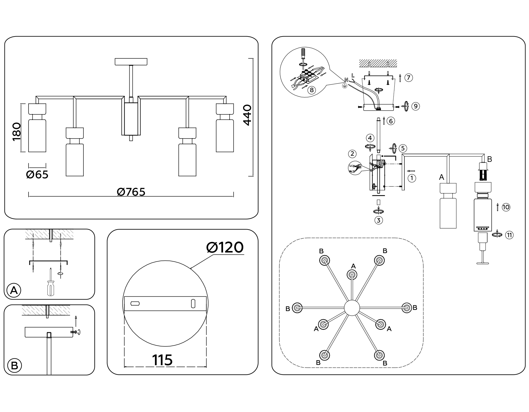 Люстра на штанге LH56128/9 BS/FR латунь/белый матовый E14*9 max 40W D765*440