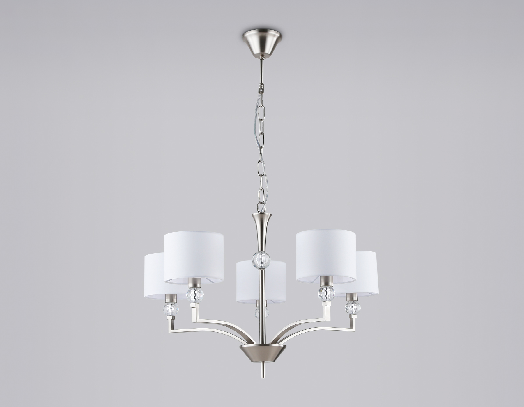 Подвесная люстра с абажурами и хрусталем LH71121/5 SN/WH никель/белый E14/5 max 40W D660*880