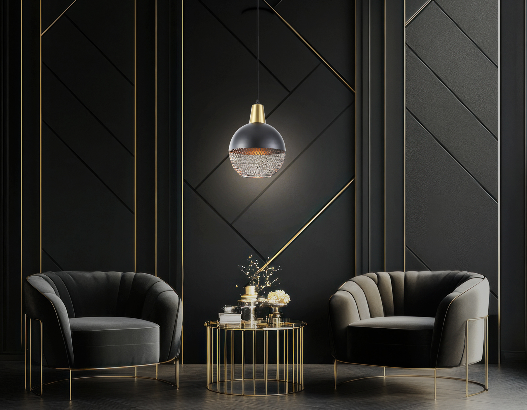 Светильник подвесной TR8504 BK/CP черный/медь E27 max 60W D200*1000