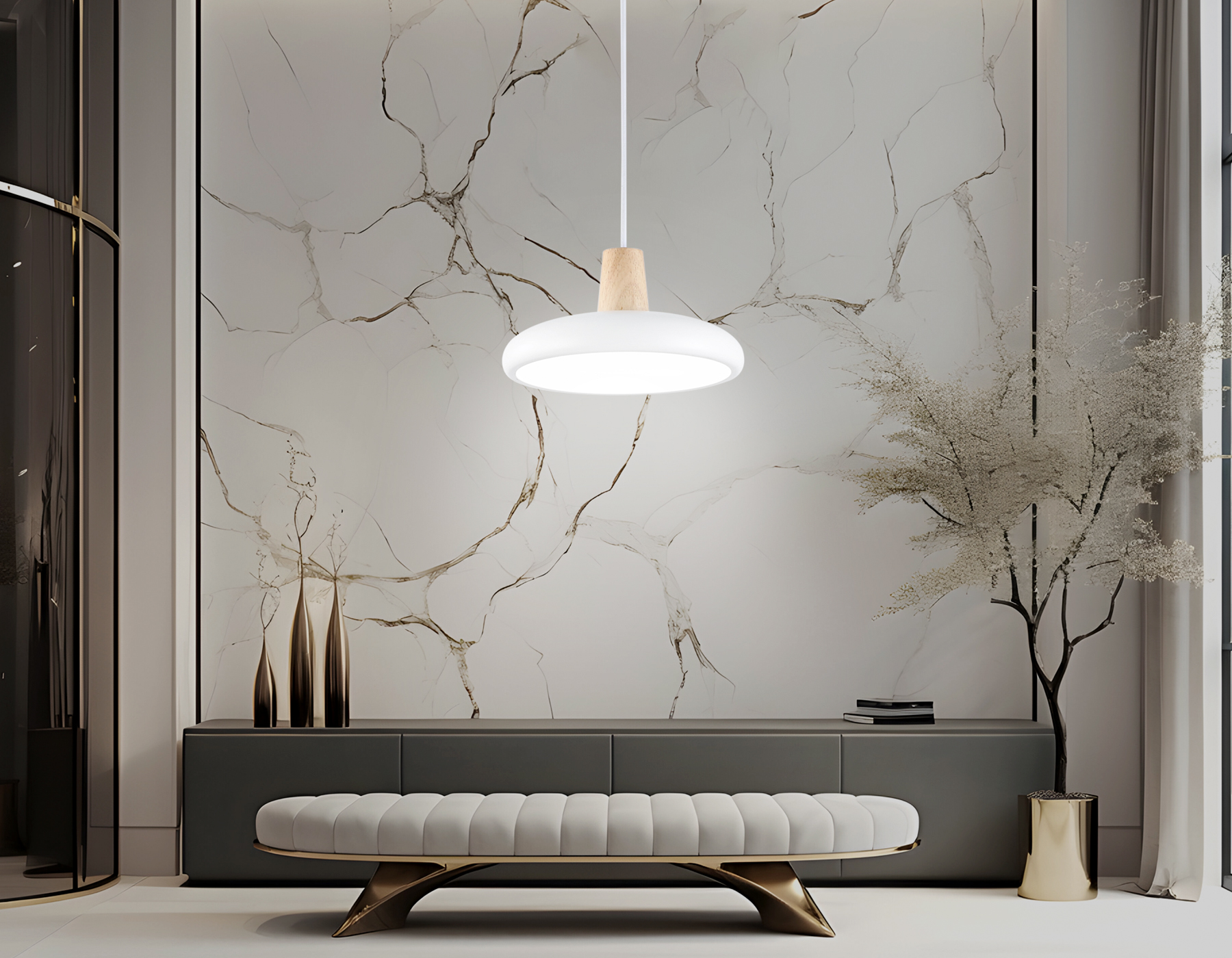 Светильник светодиодный подвесной FL4838 WH/WD белый/дерево 24W 3000-6000K D200*800 (без ПДУ)