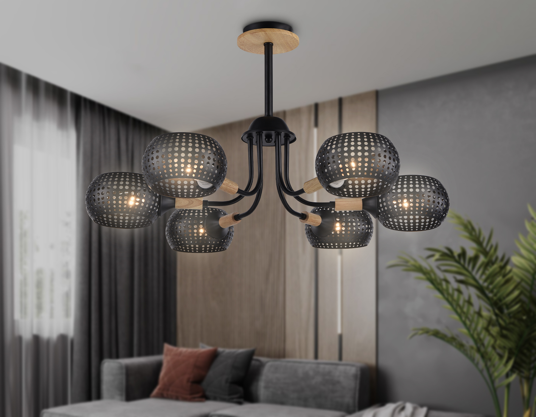 Подвесная люстра TR80167/6 BK/LWD черный/светлое дерево E14/6 max 40W D690*370