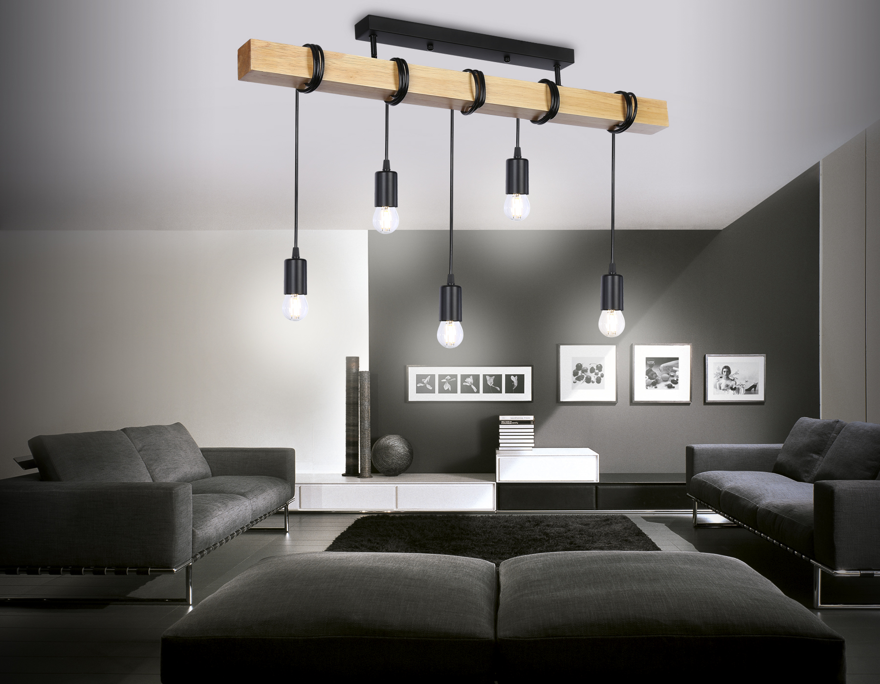 Подвесной светильник в стиле лофт TR8183/5 BK/LW черный/светлое дерево E27*5 max 40W 800*50*420