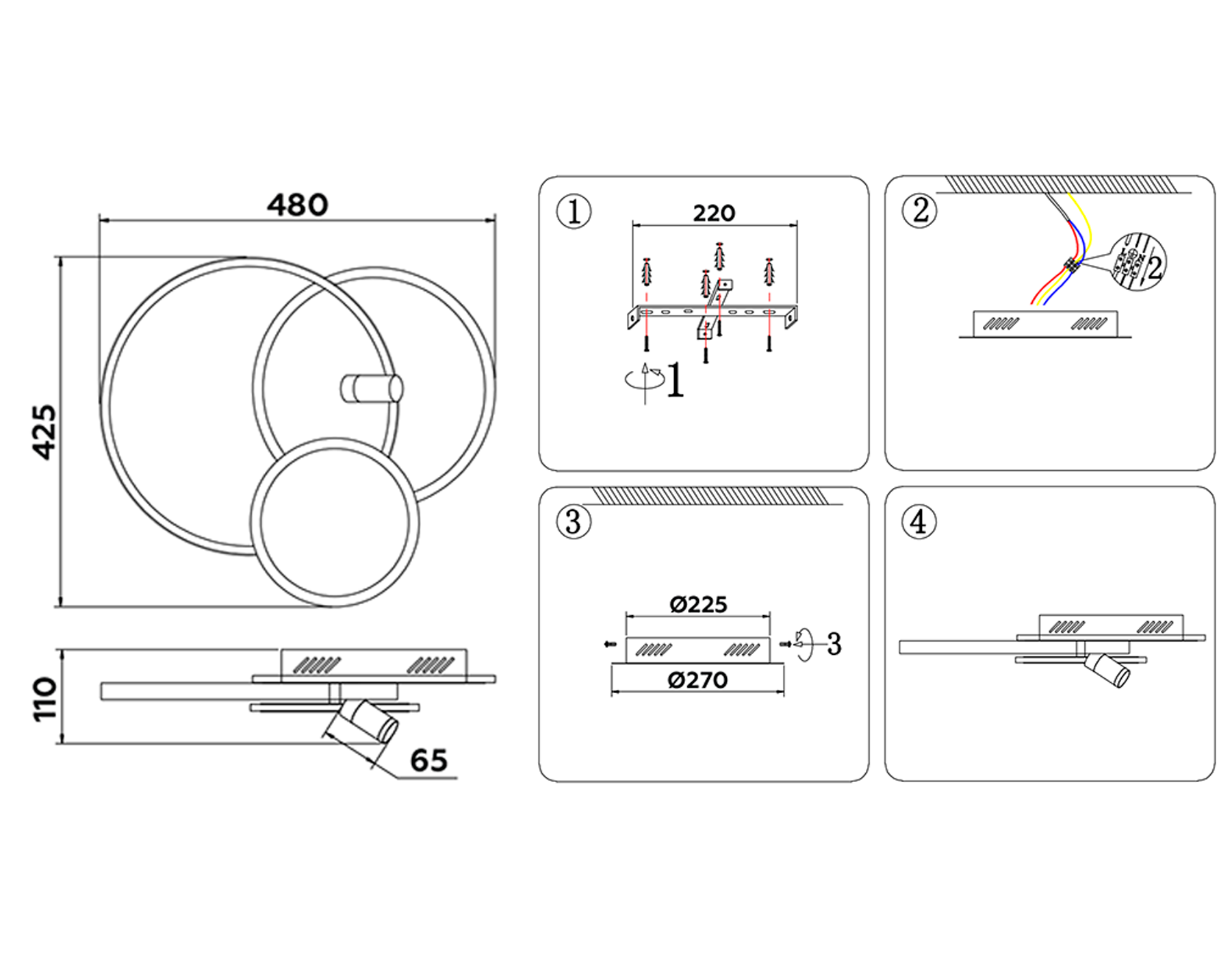 Настенно-потолочный светодиодный светильник с пультом FL5118/3+1 WH/BK белый/черный 64W 3000K/4200K/6400K+4200K 480*425*110 (ПДУ ИК)