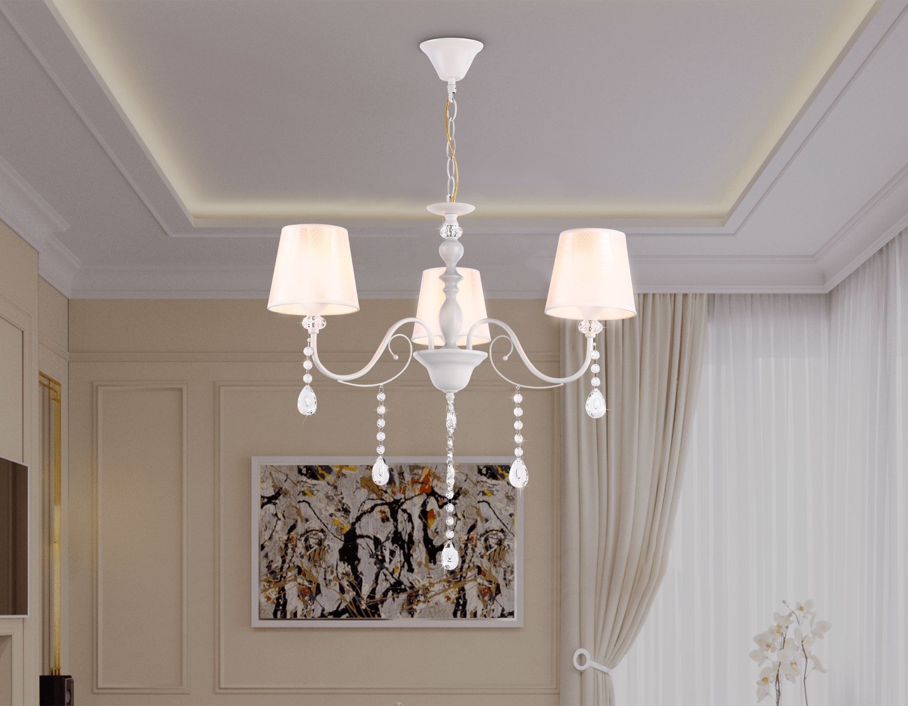 Подвесная люстра с абажуром и хрусталем TR4601/3 WH белый E27/3 max 40W D620*865
