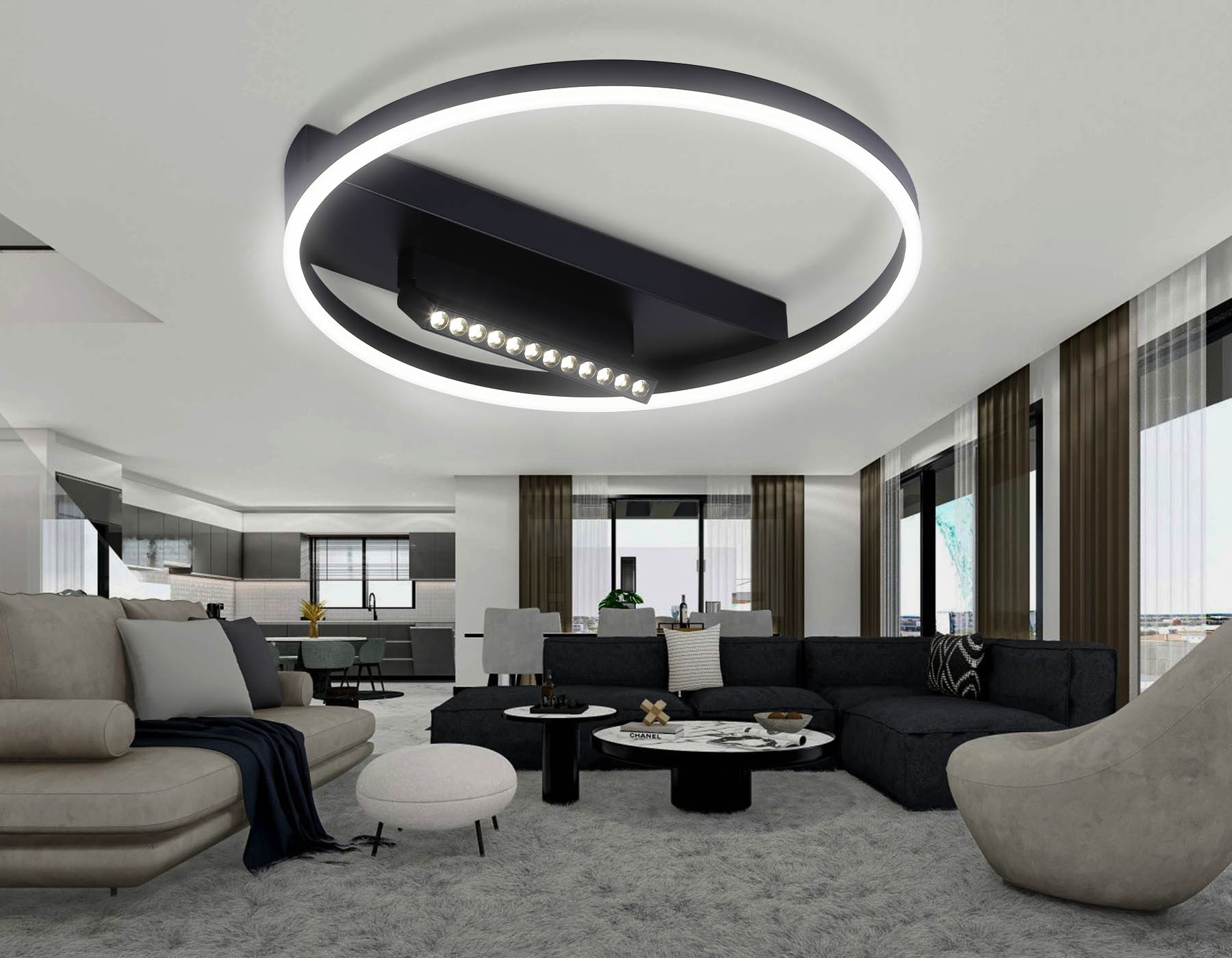 Потолочный светодиодный светильник FL51458/1+1 BK черный 60W 3000K-6400K+4200K D500*110 (ПДУ РАДИО 2.4G)