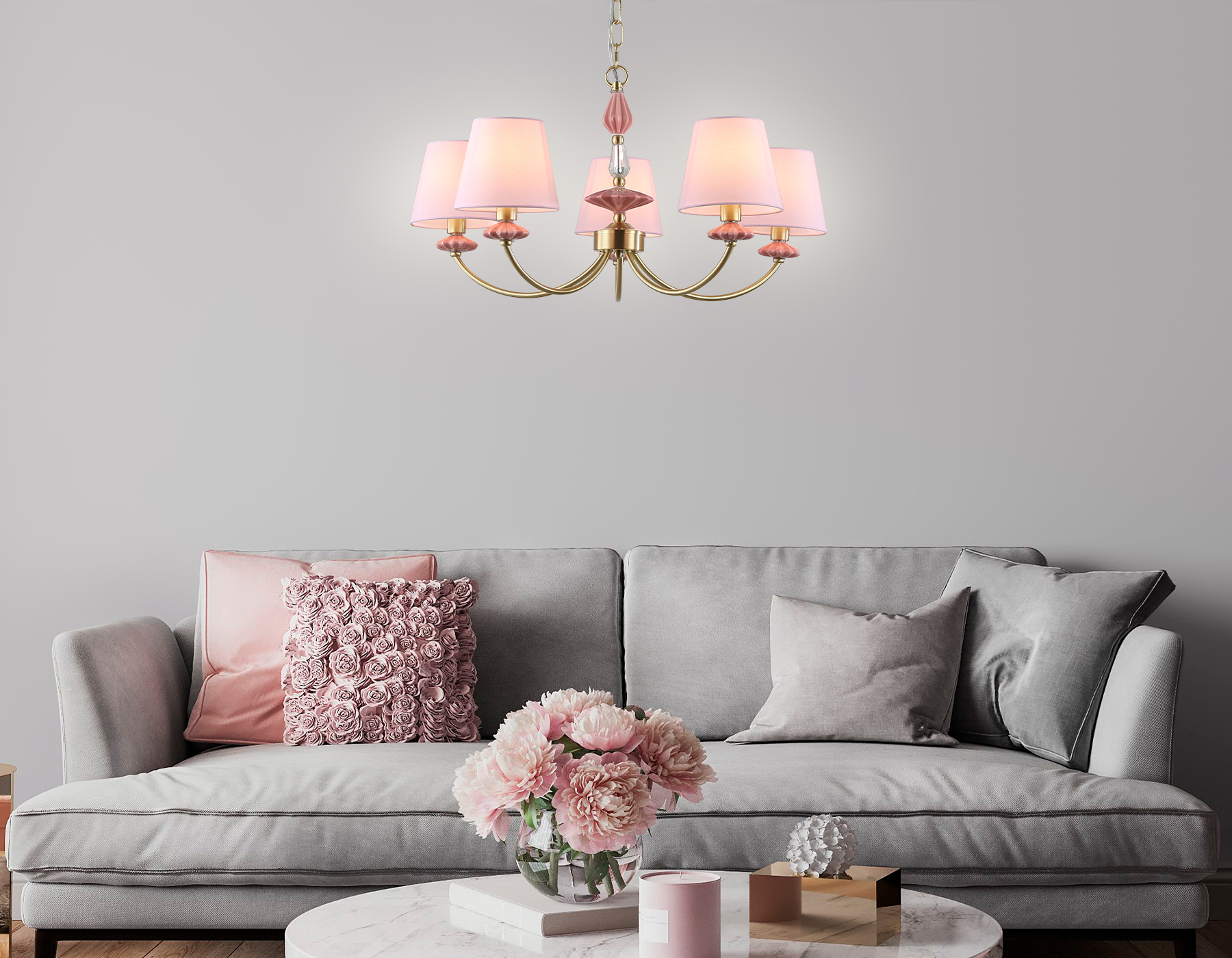 Подвесная люстра с абажуром и декором из керамики LH75024/5 GD/PI золото/розовый E14/5 max 40W D700*780