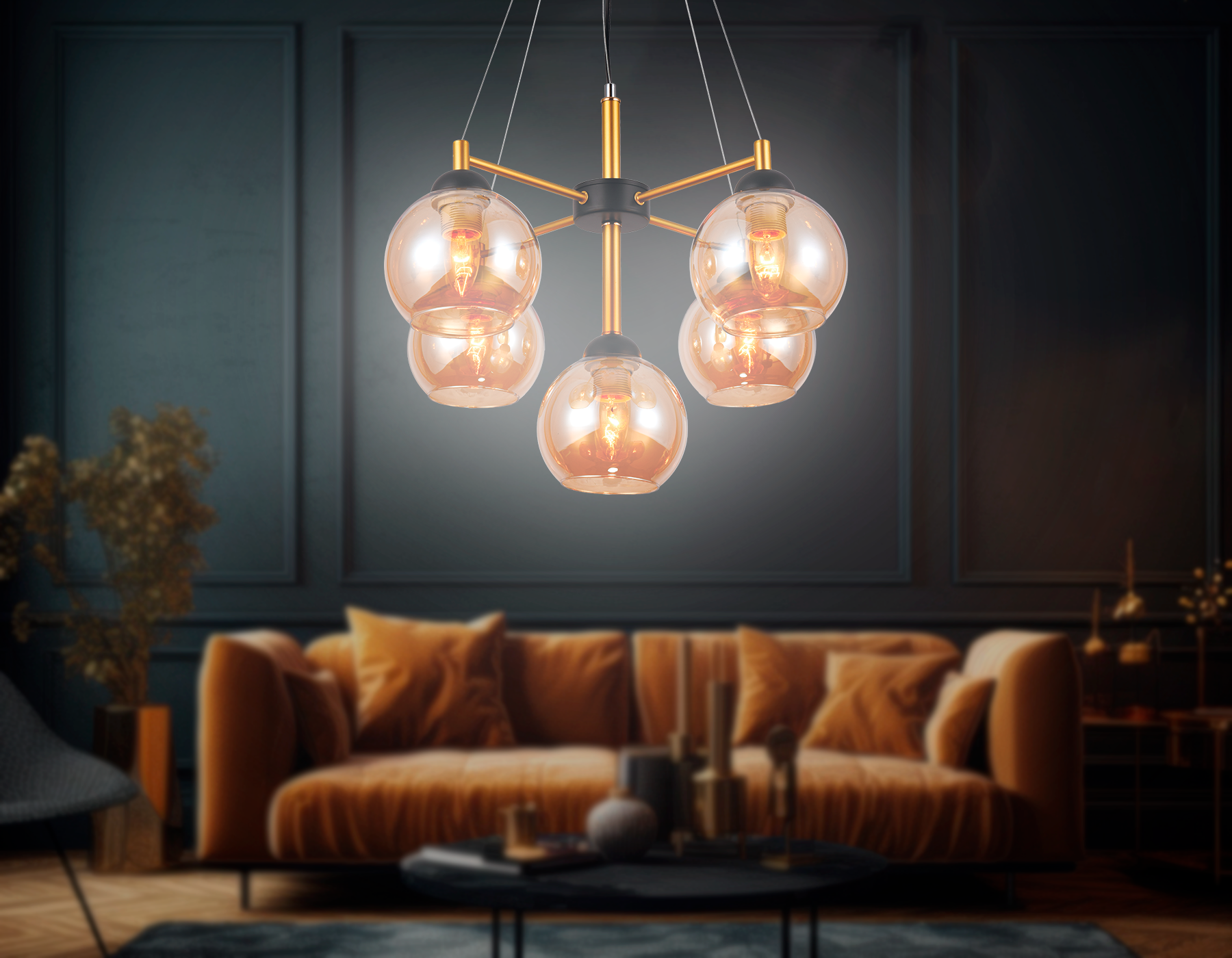 Подвесная люстра TR9026/5 BK/TI черный/янтарь E27 max 40W D580*600