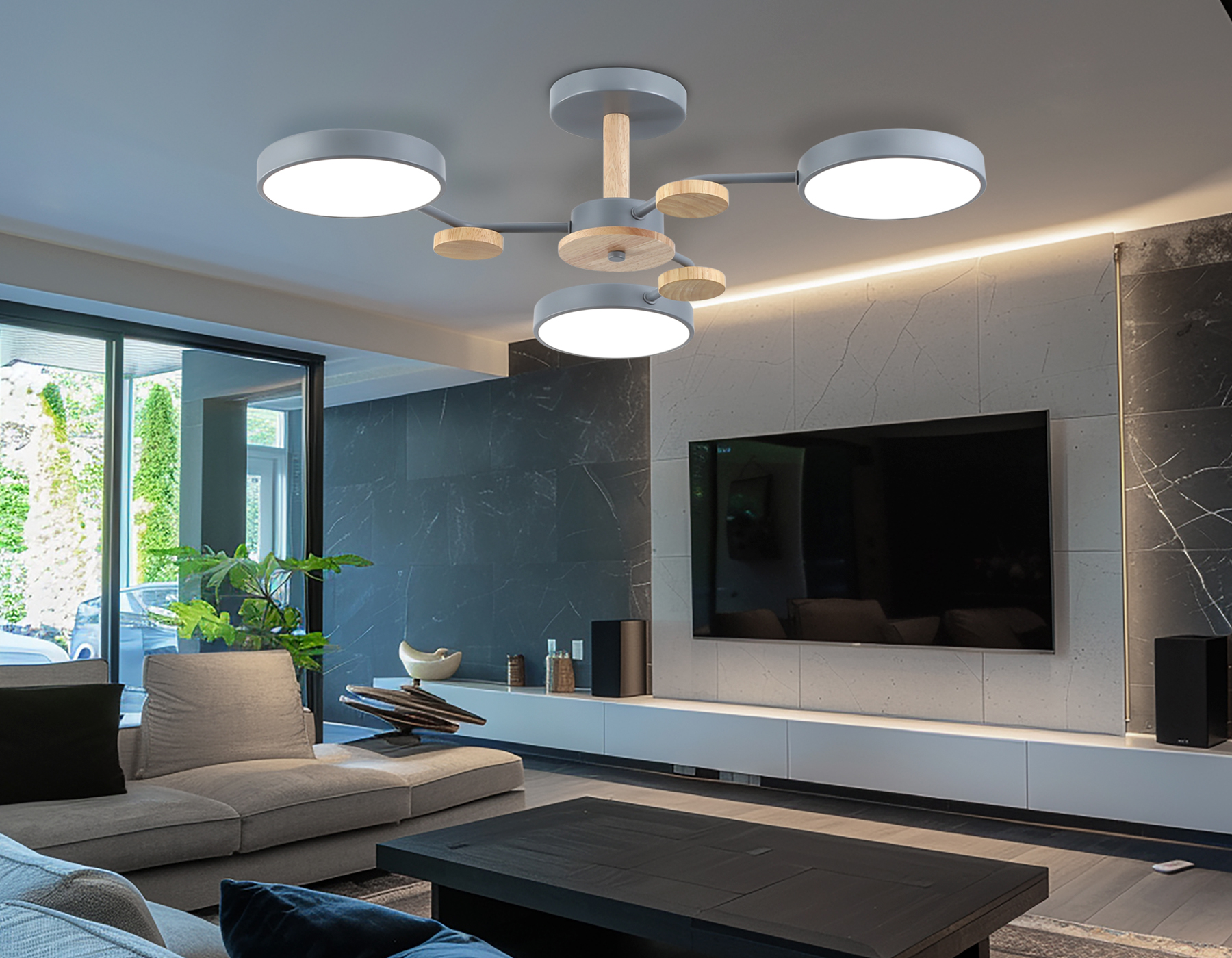 Люстра светодиодная на штанге FL4856/3 GR/WD серый/дерево 54W 3000-6000K D660*170 (без ПДУ)