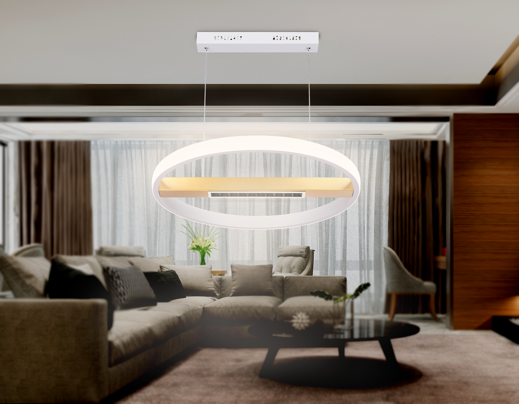 Подвесной светодиодный светильник с пультом управления FL51488 WH/GD белый/золото 62W 3000K-6400K D600*1000 (ПДУ ИК)