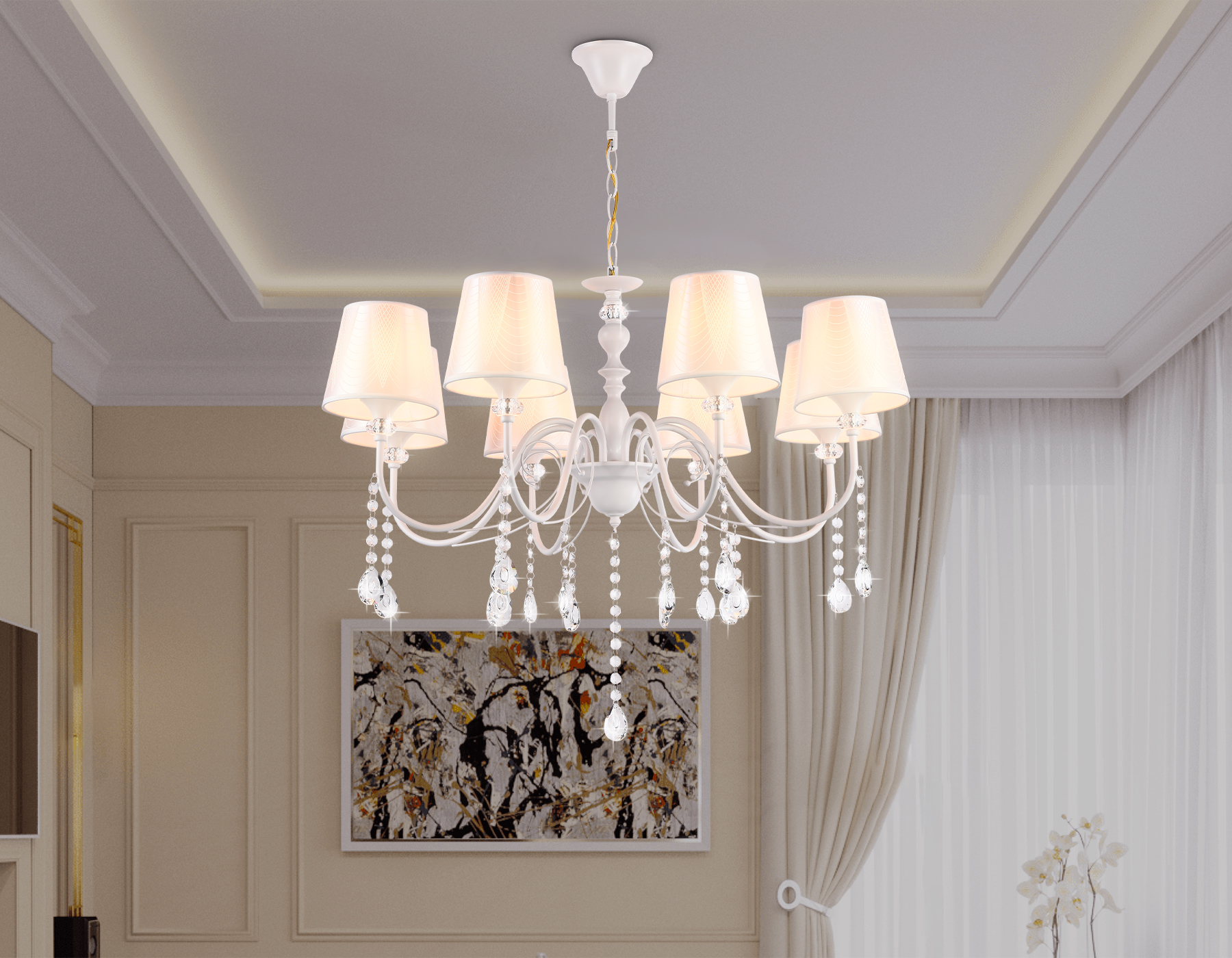 Подвесная люстра с абажуром и хрусталем TR4605/8 WH белый E27/8 max 40W D770*910