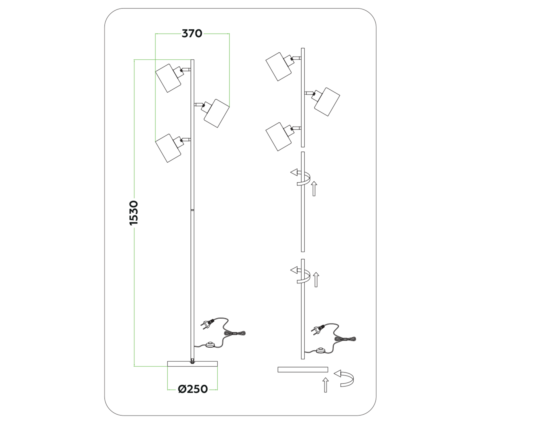 Напольный светильник со сменной лампой в стиле лофт TR8155/3 BK черный E27*3 max 40W D370*1530