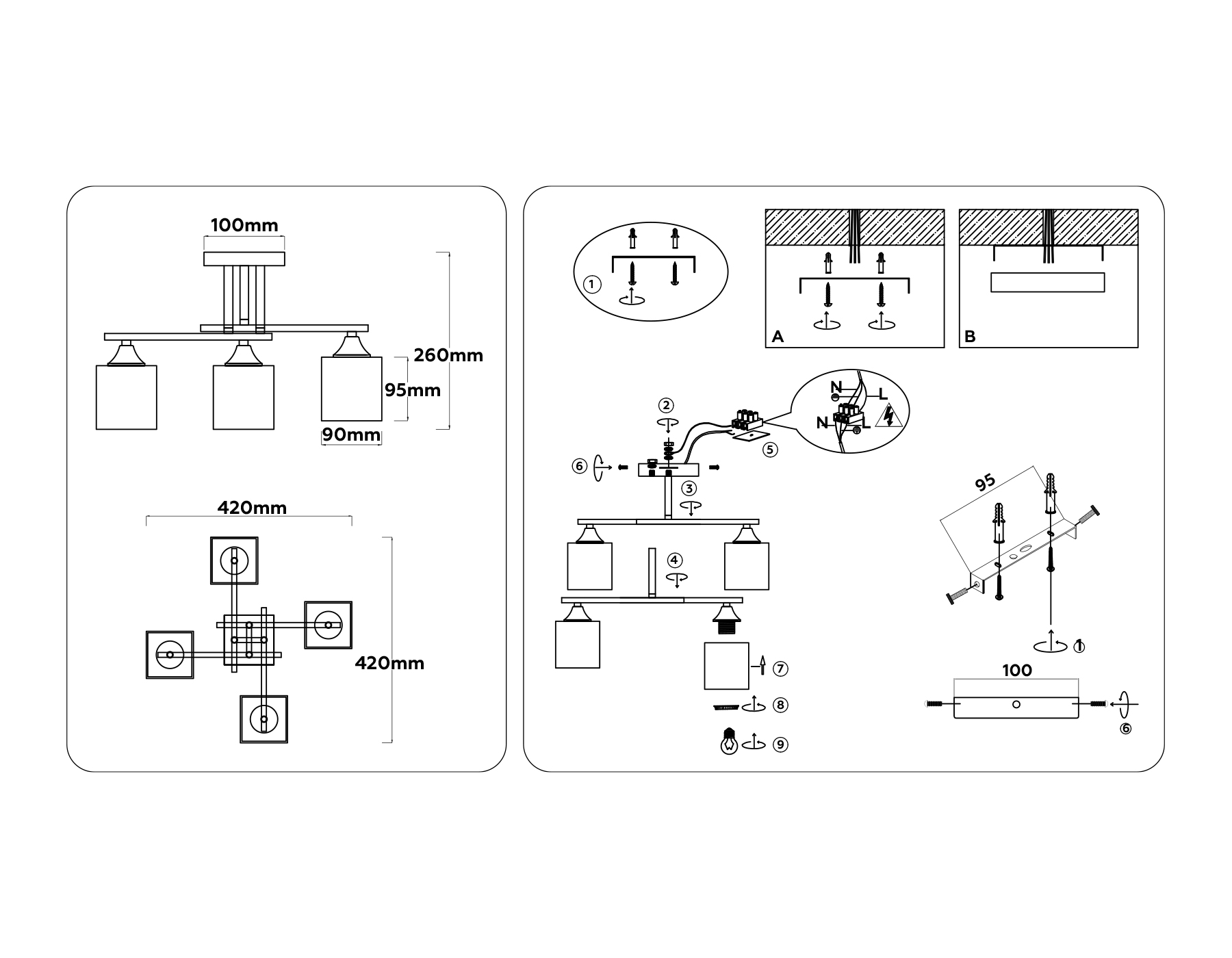 Люстра на штанге со стеклянными плафонами TR303042/4 CP медь E27/4 max 60W 420*420*260