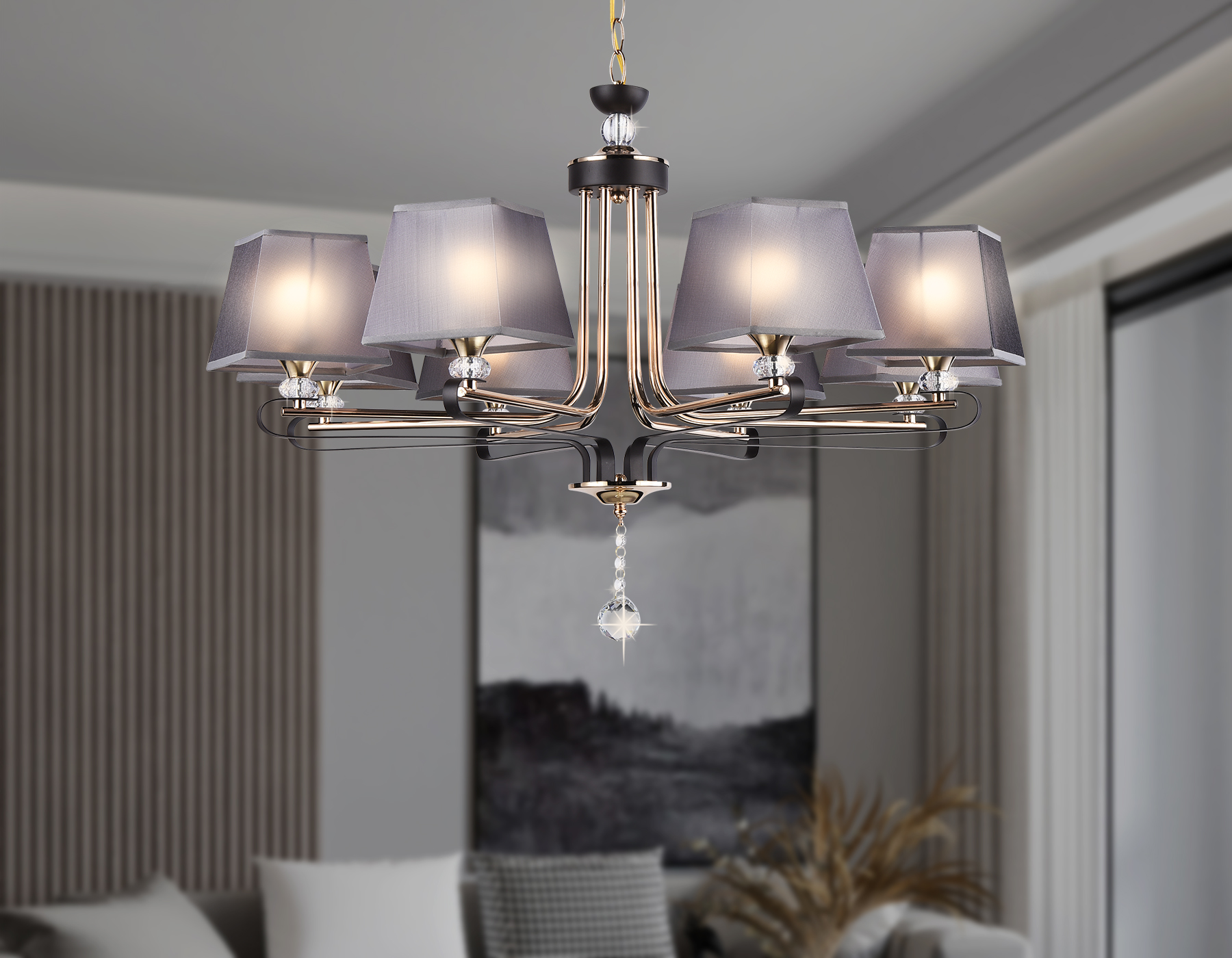 Подвесная люстра с абажуром и хрусталем TR4618/8 CF/FGD кофе/золото E27/8 max 40W D760*810