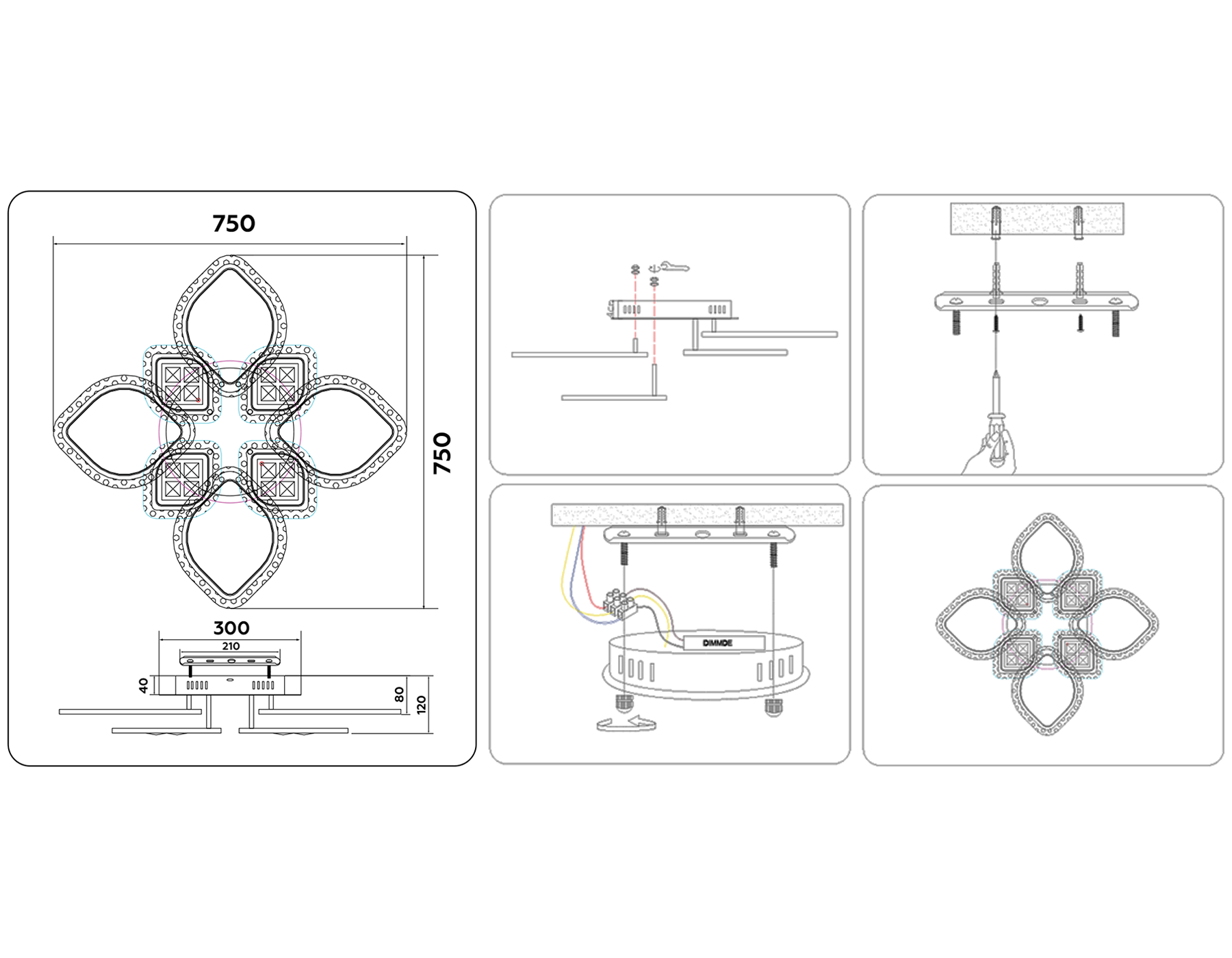 Потолочный светодиодный светильник с пультом FA2835/4+4 DCH черный хром 3000K/4200K/6400K 118W 750*750*120 (ПДУ РАДИО 2.4G)