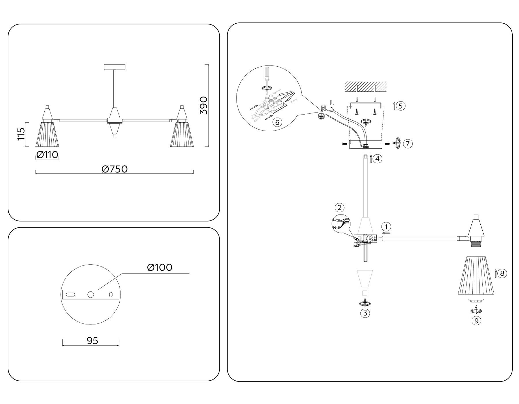 Люстра на штанге LH58116/7 BK/LW/SM черный/светлое дерево/дымчатый E14*7 max 40W D750*390