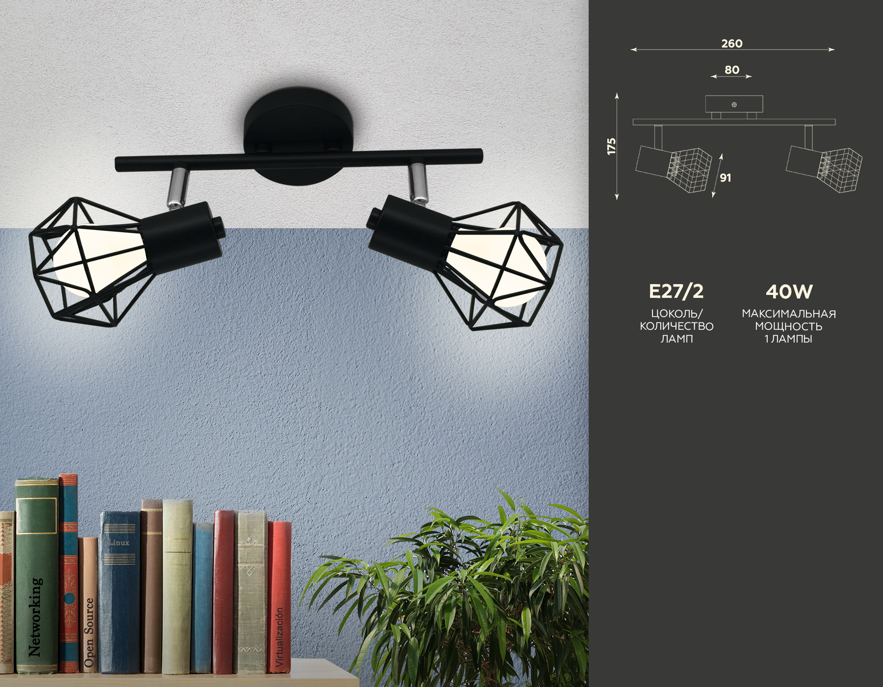 Настенно-потолочный спот в стиле лофт TR8621/2 BK/CH черный/хром E27*2 max 40W 260*91*175