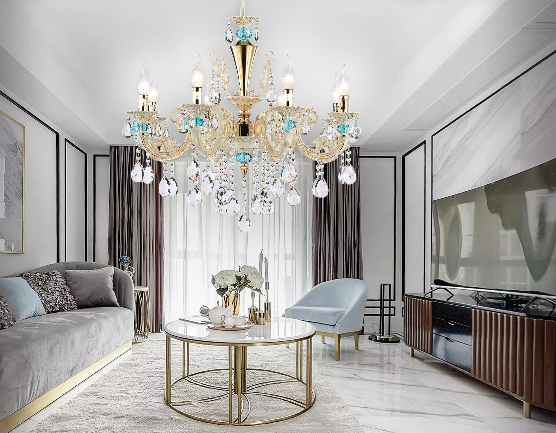 Подвесная люстра с хрусталем TR4926/8 GD/WH/CL золото/белый/прозрачный E14*8 max 40W D740*630