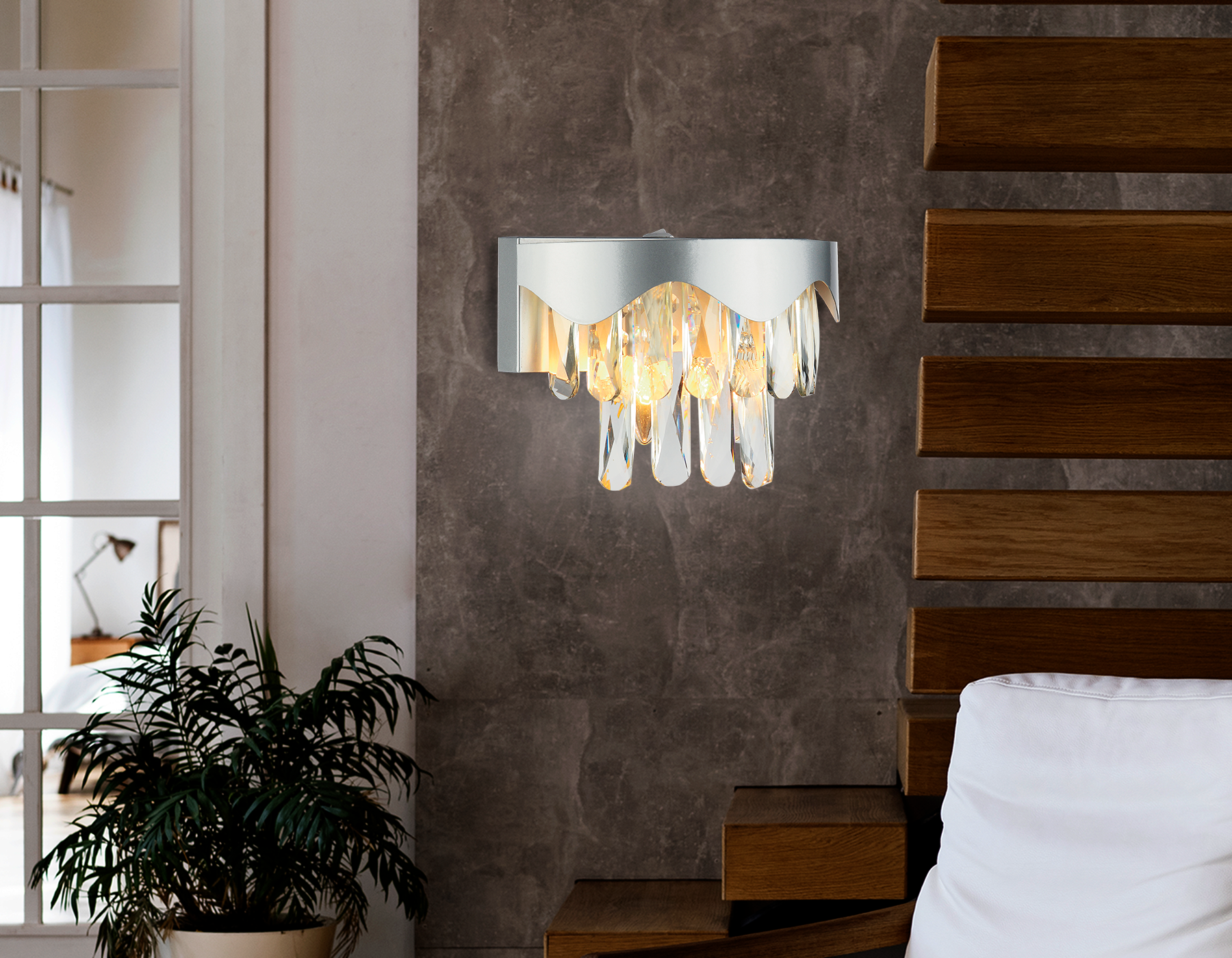 Настенный светильник с выключателем и хрусталем TR5090 SL/CL серебро/прозрачный E14/2 max 40W 260*180*150