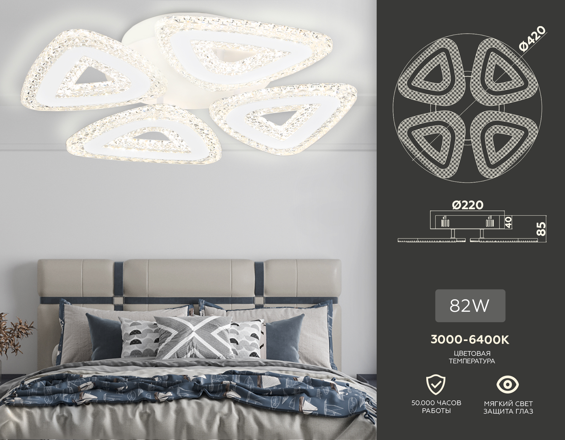 Потолочный светодиодный светильник с пультом FA4019/4 WH белый 82W 3000K+6400K/4200K/6400K+3000K D420*85 (ПДУ ИК)