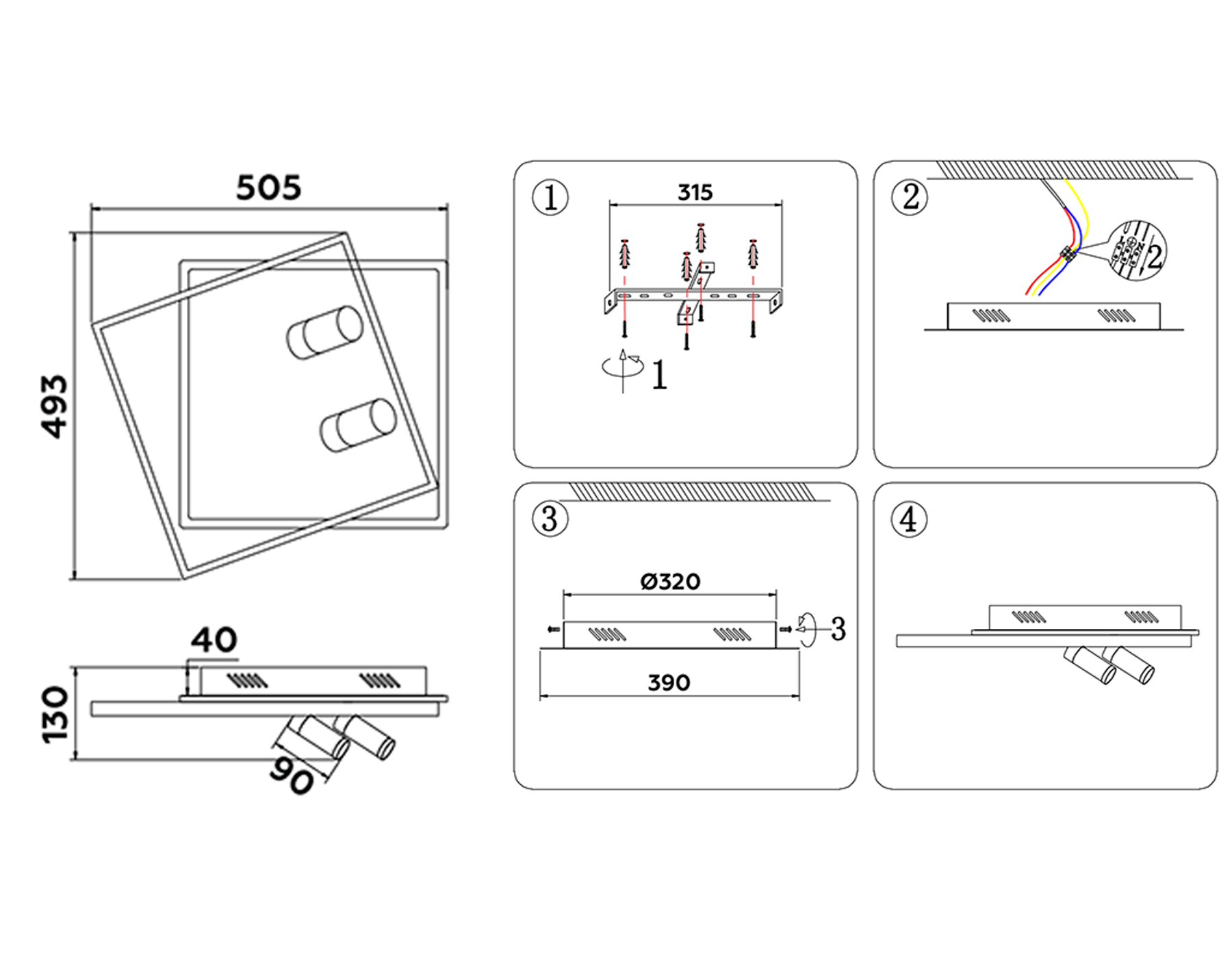 Настенно-потолочный светодиодный светильник с пультом FL5138/2+2 WH/BK белый/черный 77W 3000K/4200K/6400K+4200K 505*493*130 (ПДУ ИК)
