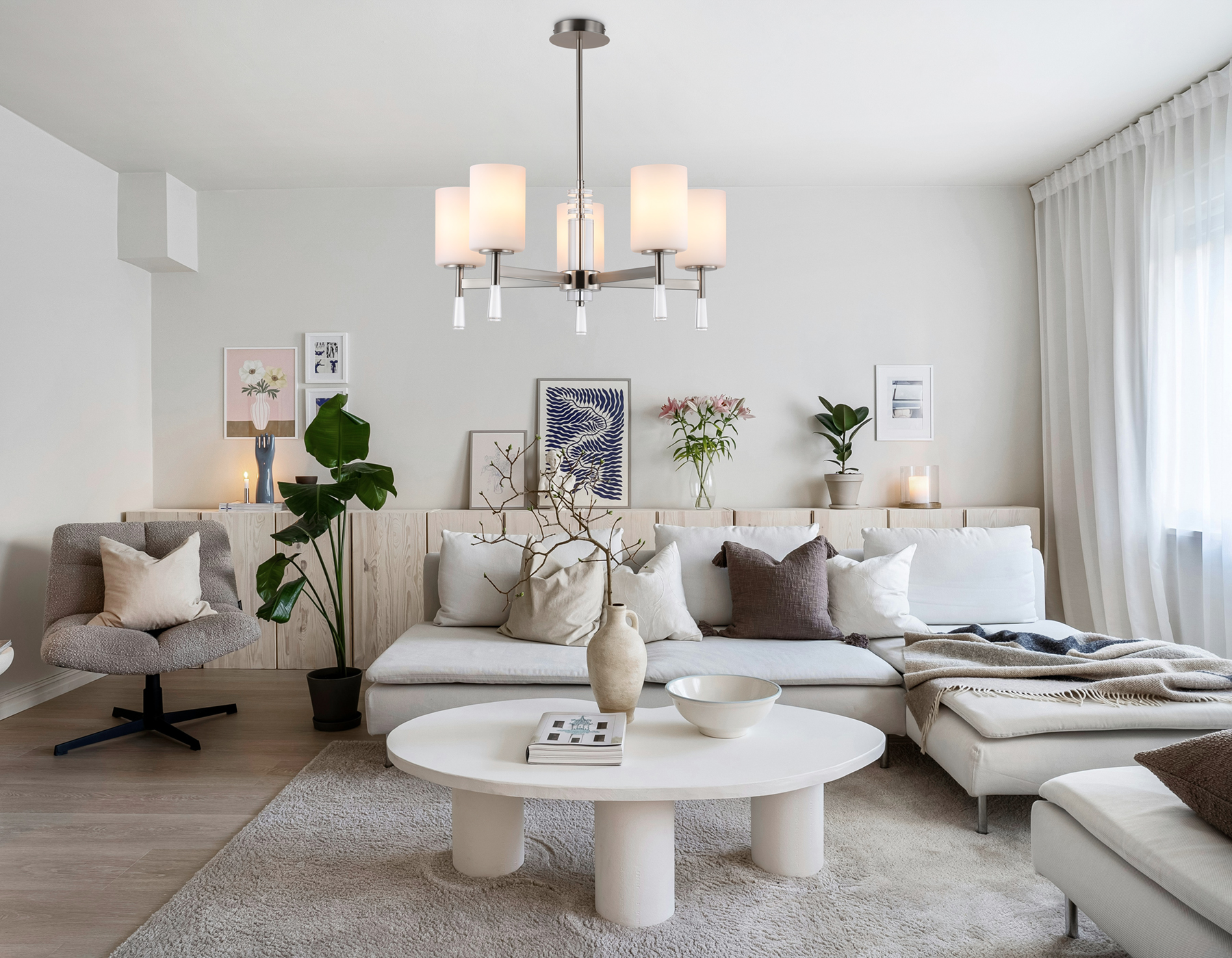 Люстра со стеклянными плафонами на штанге LH56251/5 SN/FR никель/белый матовый E27/5 max 60W D600*590