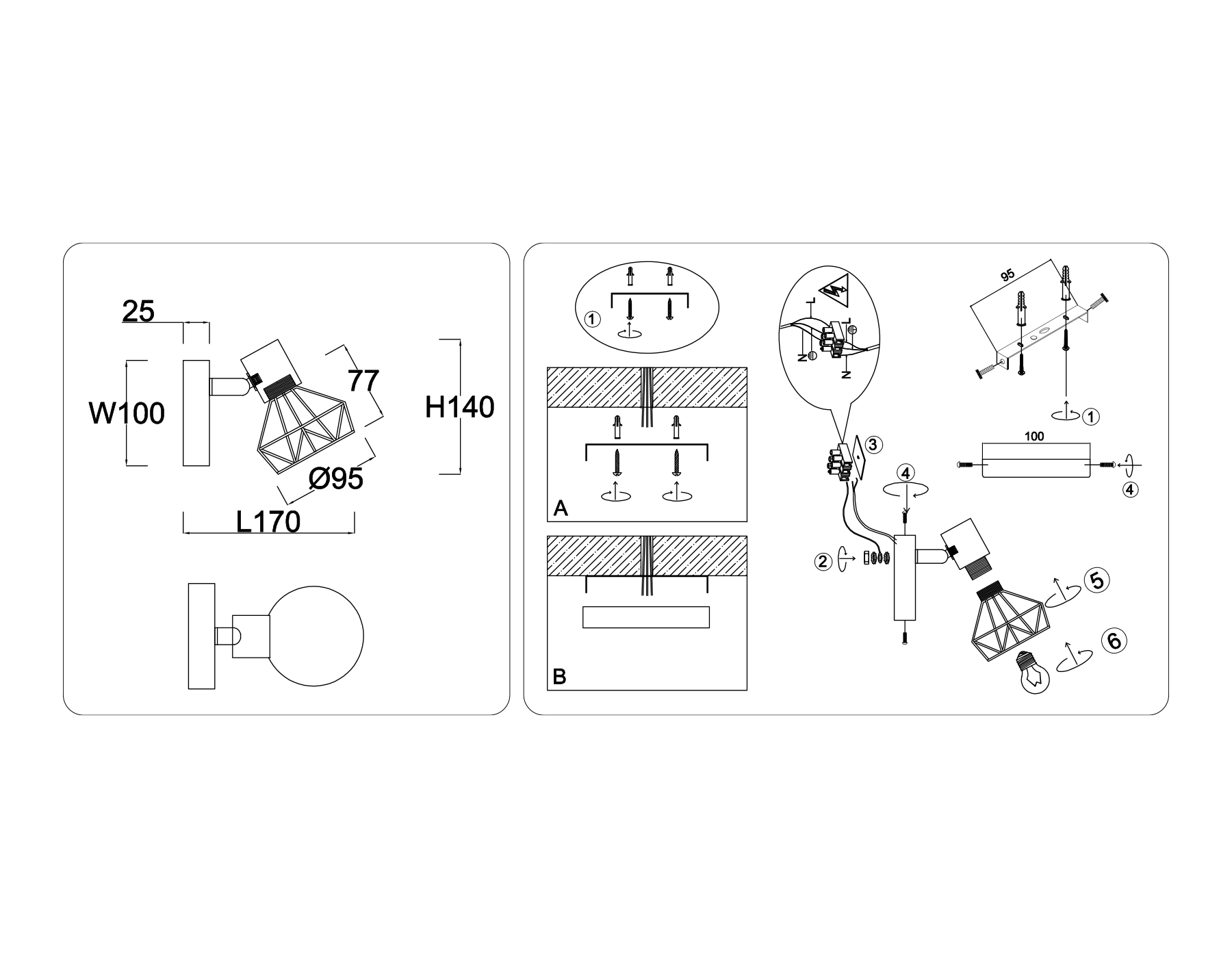 Настенно-потолочный спот в стиле лофт TR8655 BK/GD черный/золото E14 max 60W 170*100*140