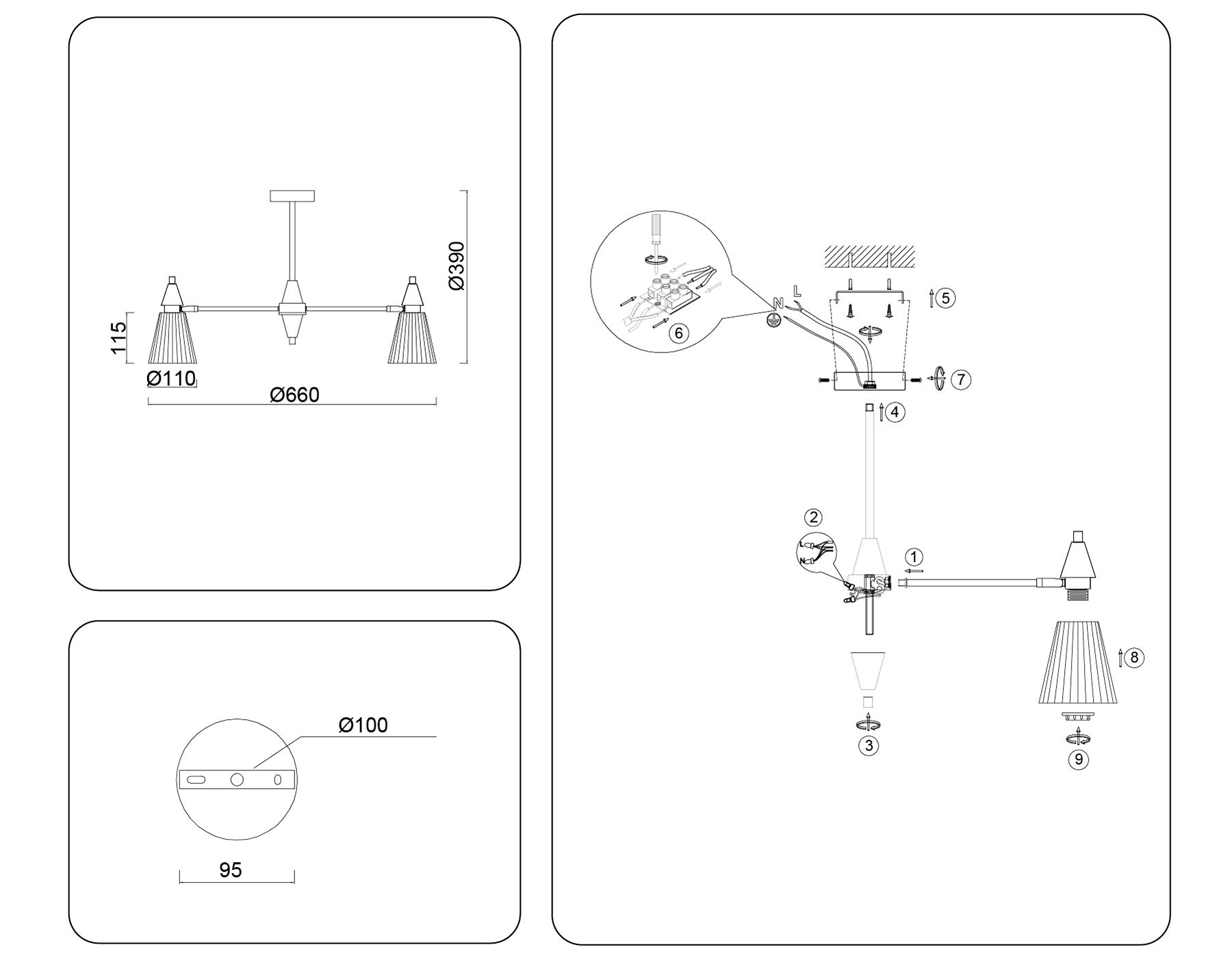 Люстра на штанге LH58114/5 BK/LW/SM черный/светлое дерево/дымчатый E14*5 max 40W D660*390