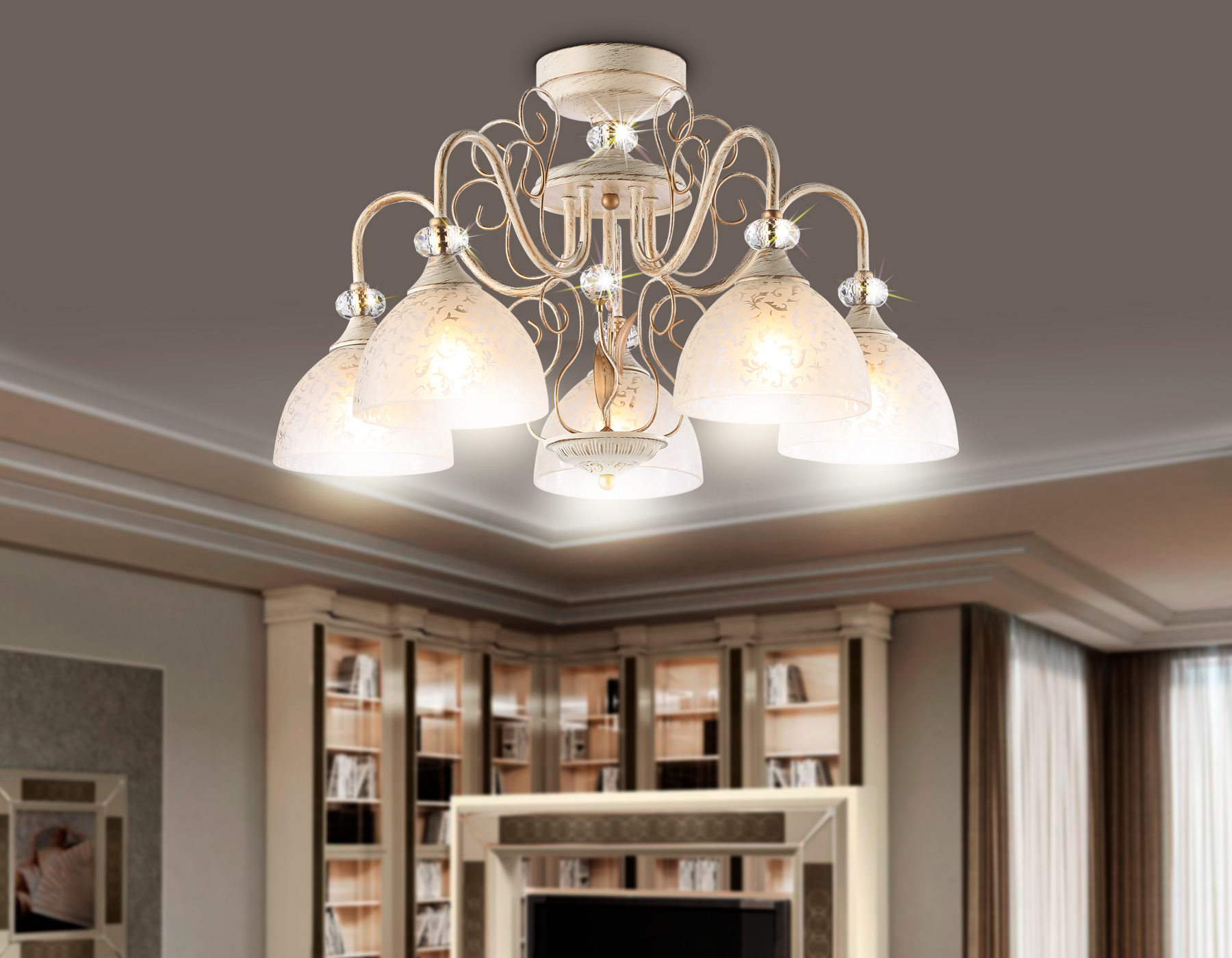 Потолочная люстра TR3057/5 BG/GD/FR бежевый/золото/белый матовый E27/5 max 40W D600*380