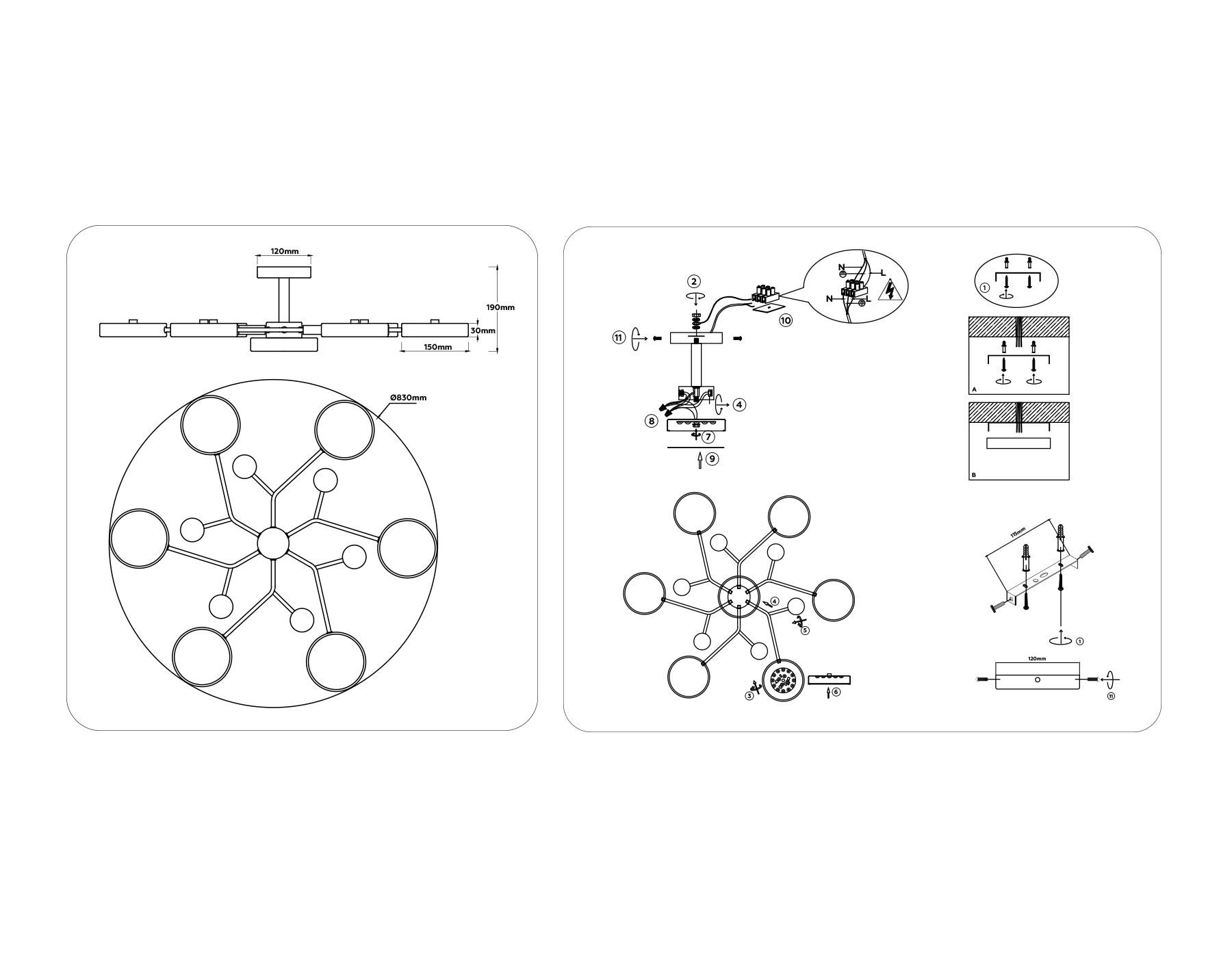 Люстра светодиодная на штанге FL4866/7 BK/WD черный/дерево 126W 3000-6000K D830*190 (без ПДУ)
