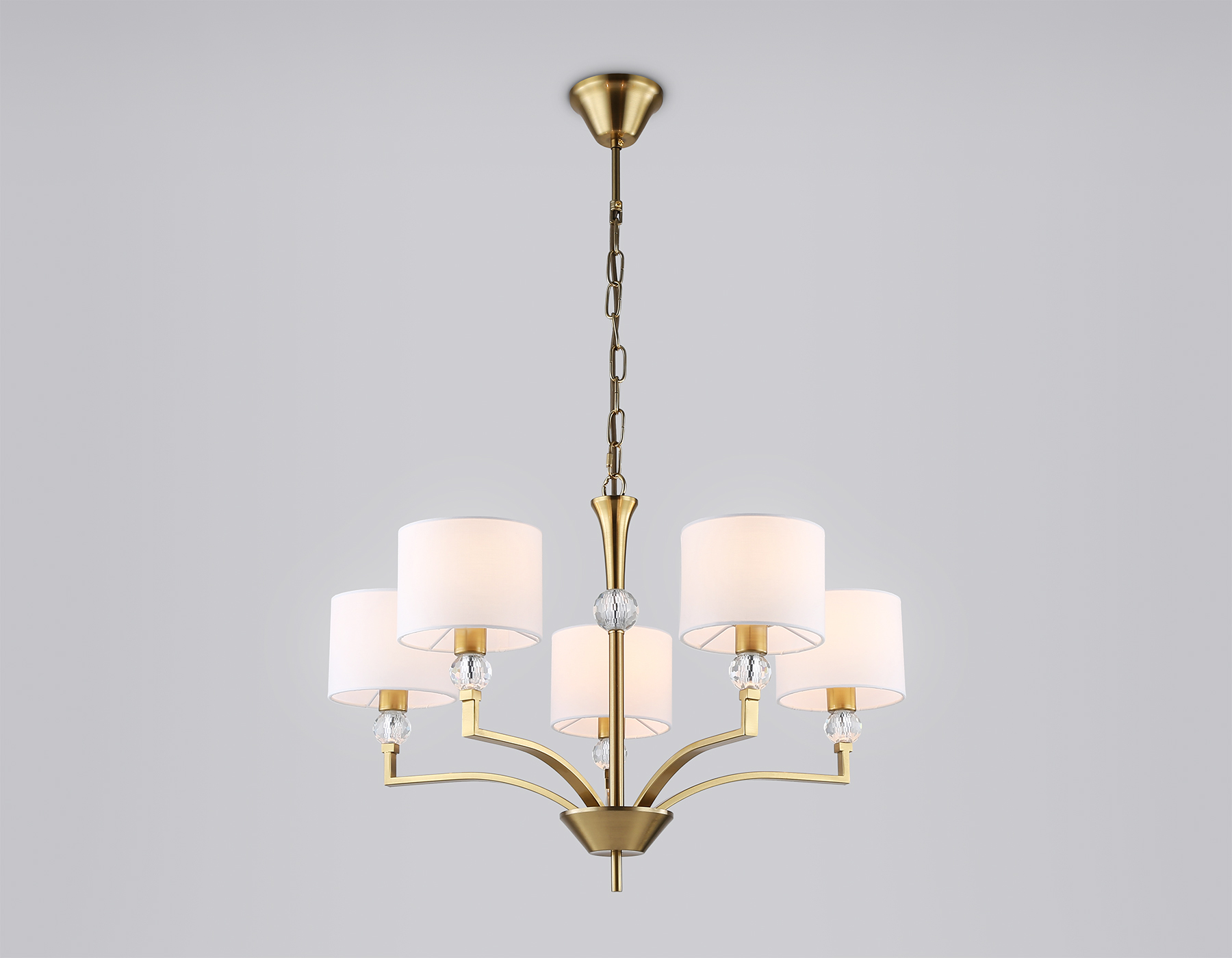 Подвесная люстра с абажурами и хрусталем LH71131/5 BS/WH латунь/белый E14/5 max 40W D660*880