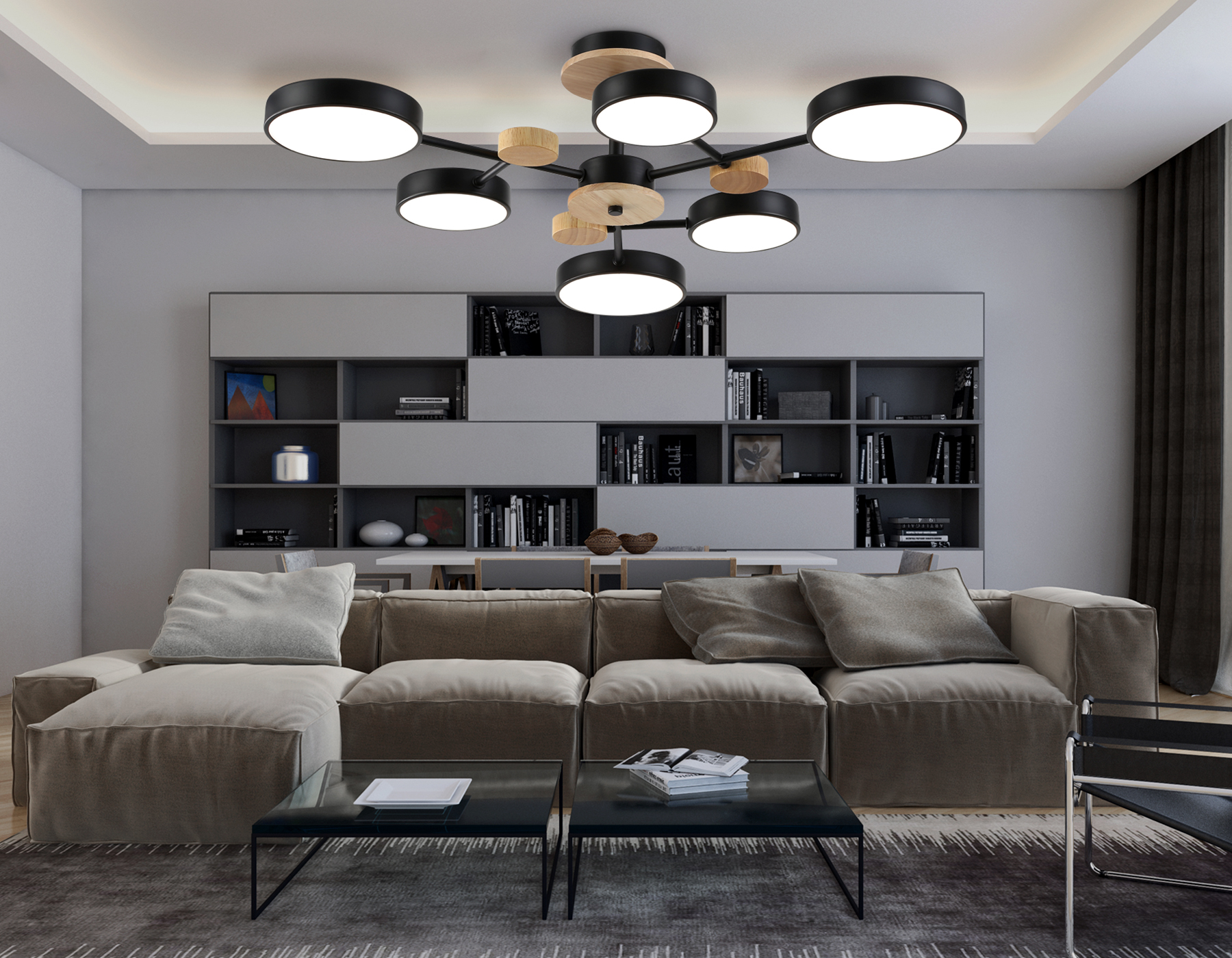 Люстра светодиодная на штанге FL4863/6 BK/WD черный/дерево 90W 3000-6000K D750*180 (без ПДУ)