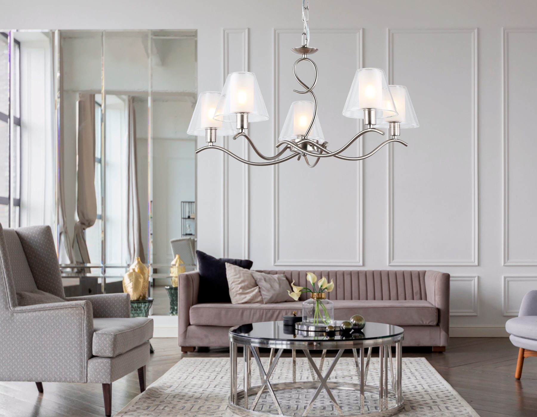 Подвесная люстра LH57081/5 SN/FR никель/белый матовый E14/5 max 40W D690*790