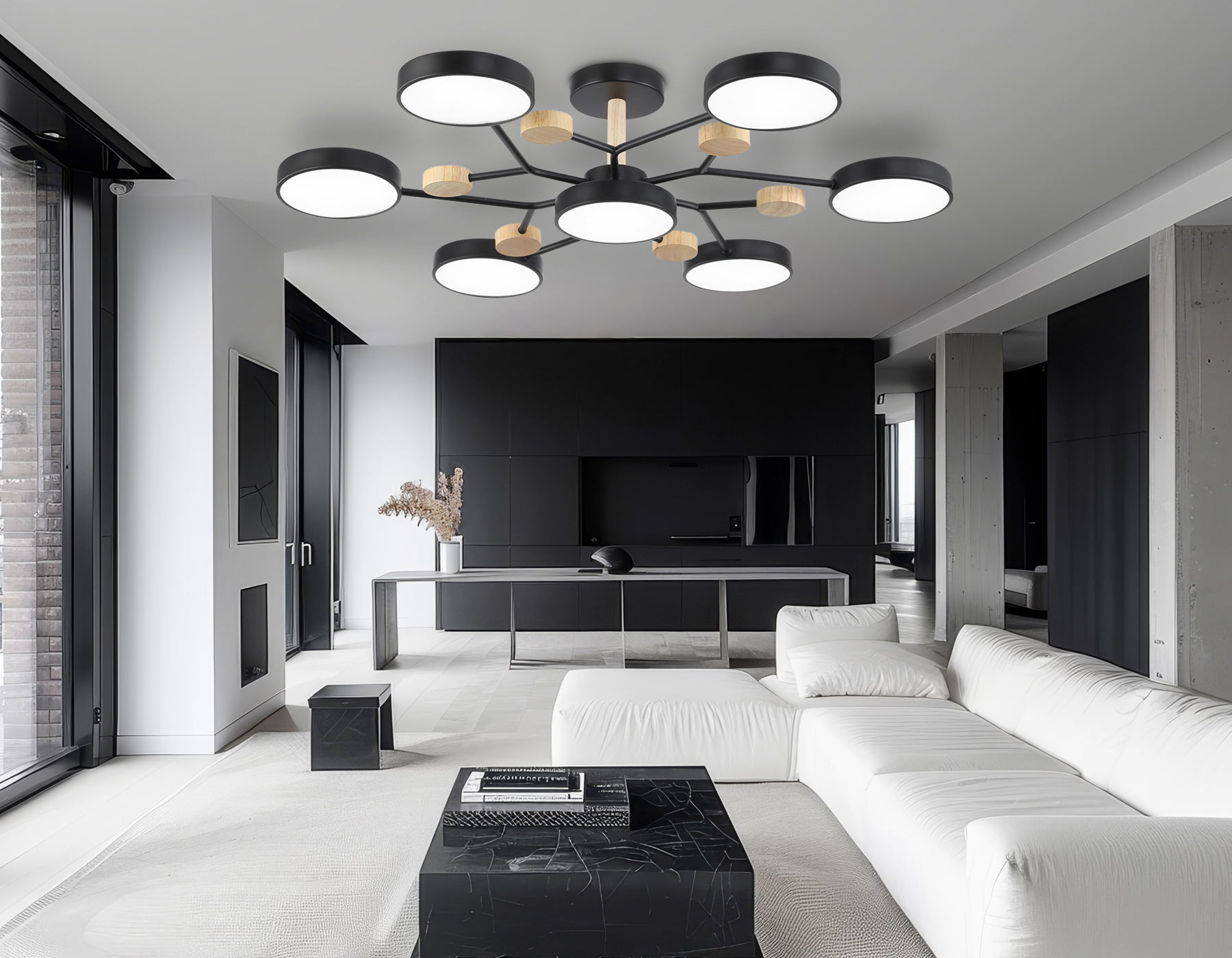 Люстра светодиодная на штанге FL4866/7 BK/WD черный/дерево 126W 3000-6000K D830*190 (без ПДУ)