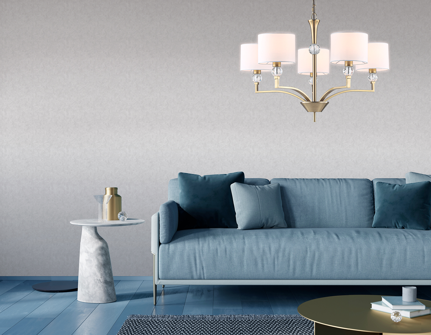 Подвесная люстра с абажурами и хрусталем LH71131/5 BS/WH латунь/белый E14/5 max 40W D660*880