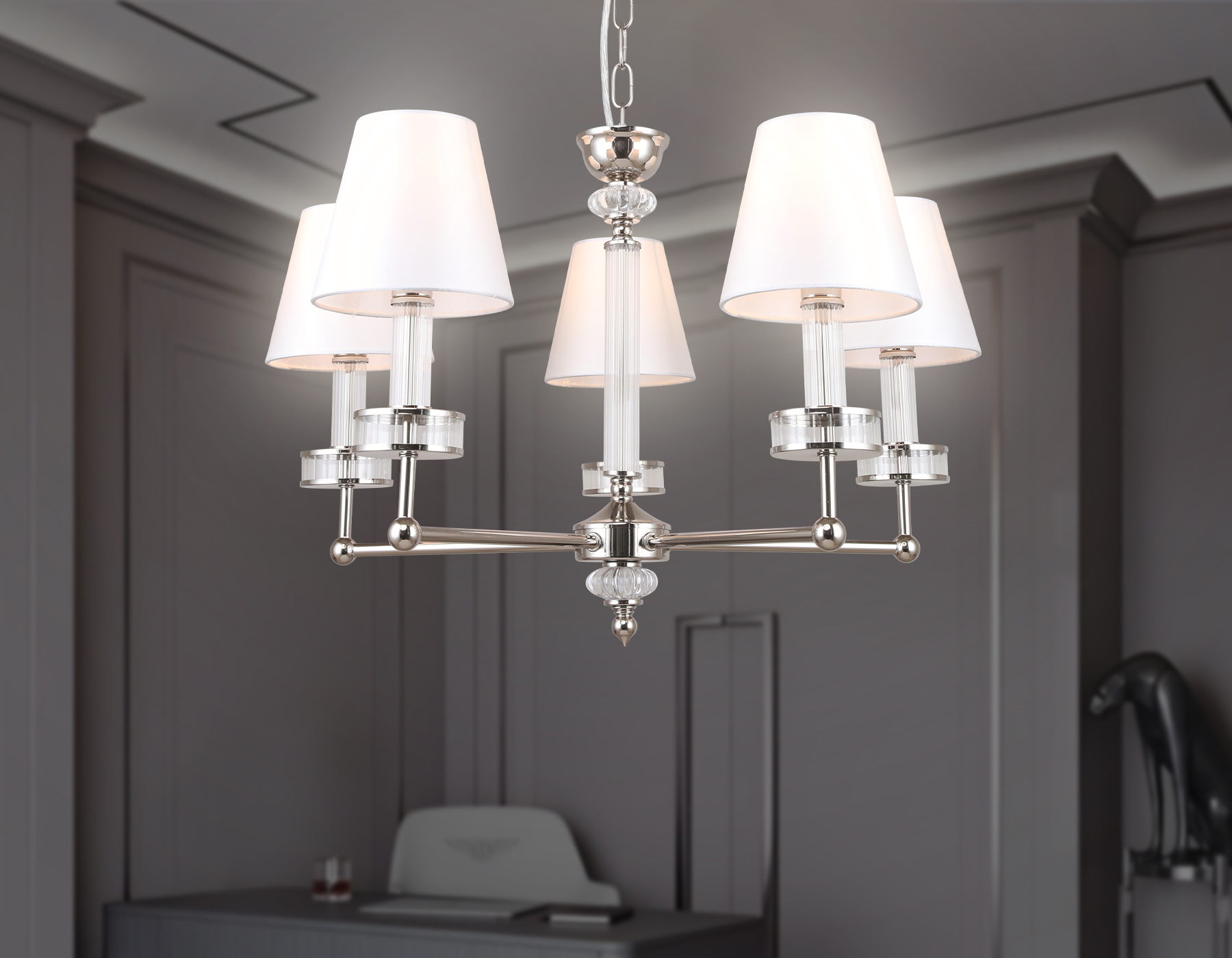 Подвесная люстра с абажурами и хрусталем LH71001/5 BN/WH никель/белый E14*5 max 40W D670*1130