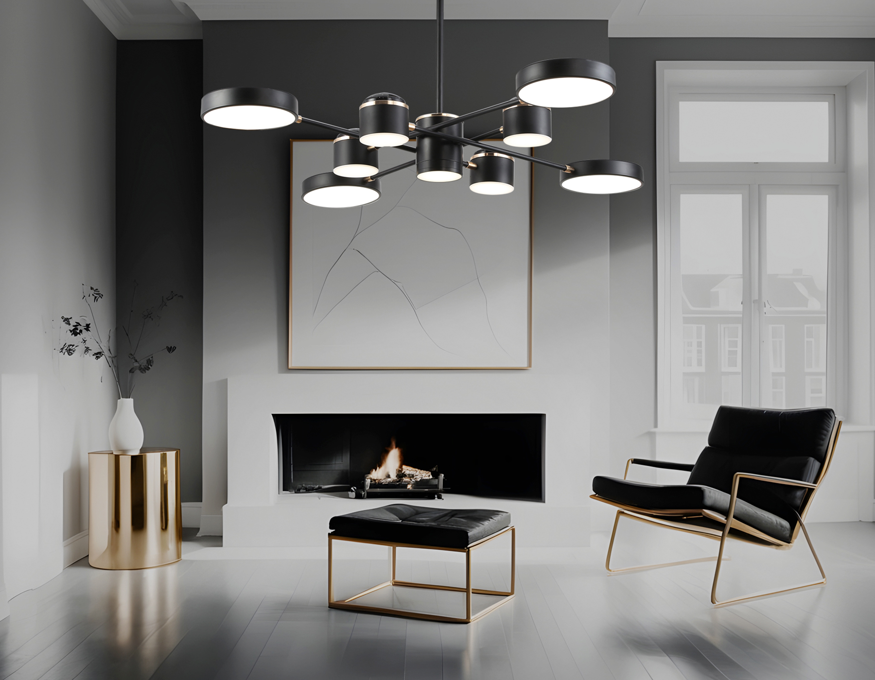 Люстра светодиодная на штанге FL51629/9+4 BK/FGD черный/золото 132W 3000-6000K D850*370 (без ПДУ)