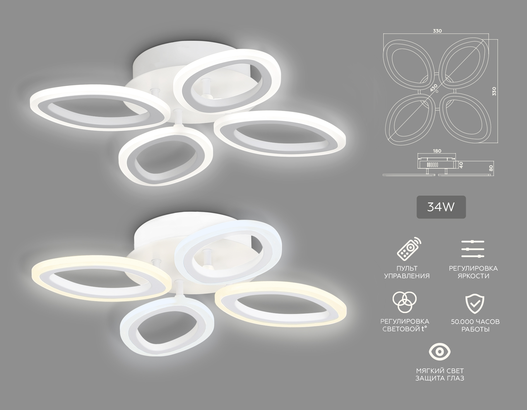 Потолочный светодиодный светильник с пультом FA4485/4 WH белый 4200K/3000K+6400K/6400K+3000K 34W 430*430*80 (ПДУ ИК)