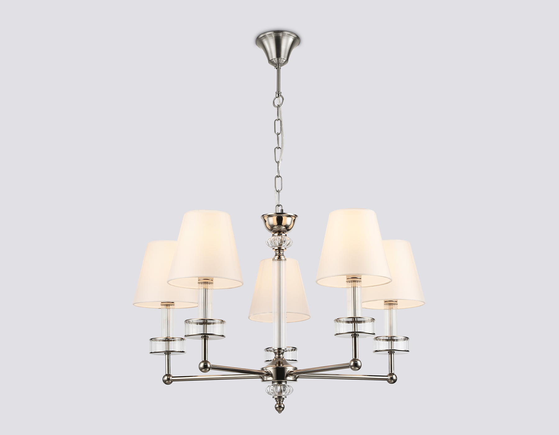 Подвесная люстра с абажурами и хрусталем LH71001/5 BN/WH никель/белый E14*5 max 40W D670*1130