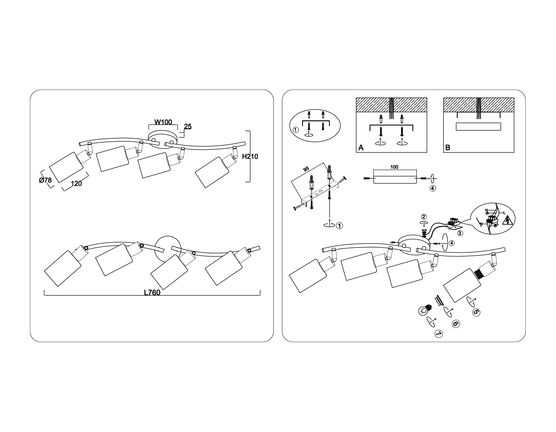Настенно-потолочный спот в стиле лофт TR8723/4 BK/WD черный/дерево E14/4 max 60W 760*100*210
