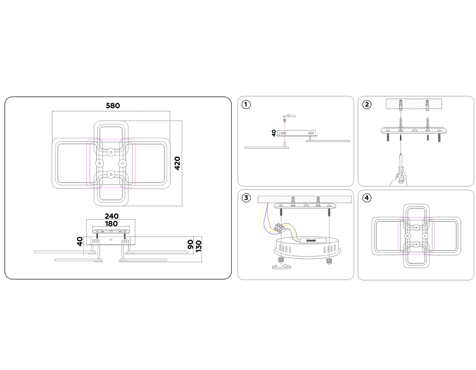 Потолочный светодиодный светильник с пультом FA534/2+2 CH хром 105W 580*420*130 (ПДУ РАДИО 2.4G)