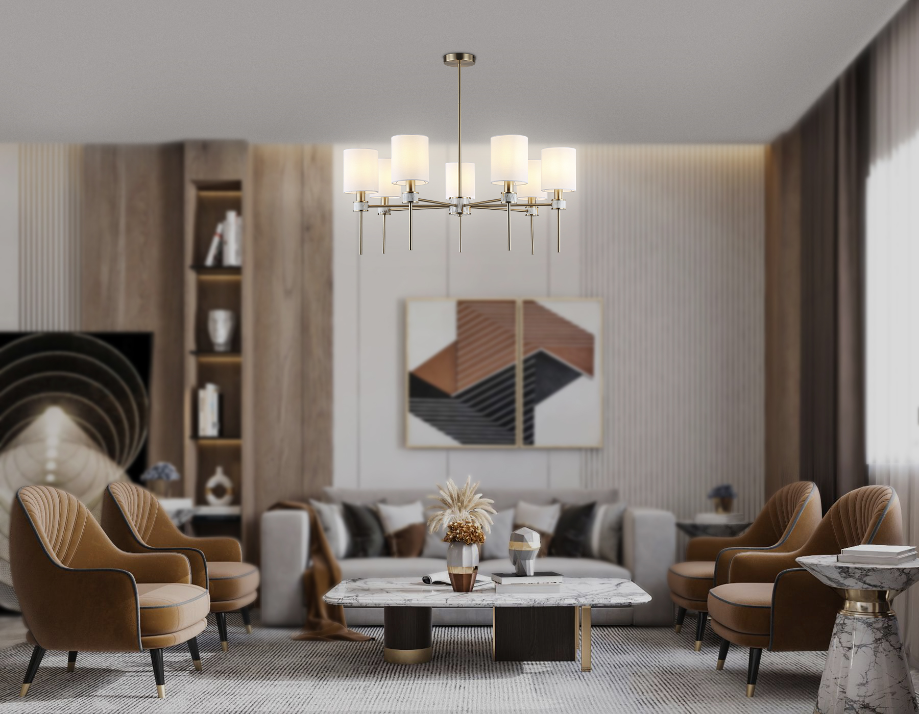 Люстра с абажурами на штанге LH72373/7 DBS/WH темная латунь/белый E14/7 max 40W D840*720