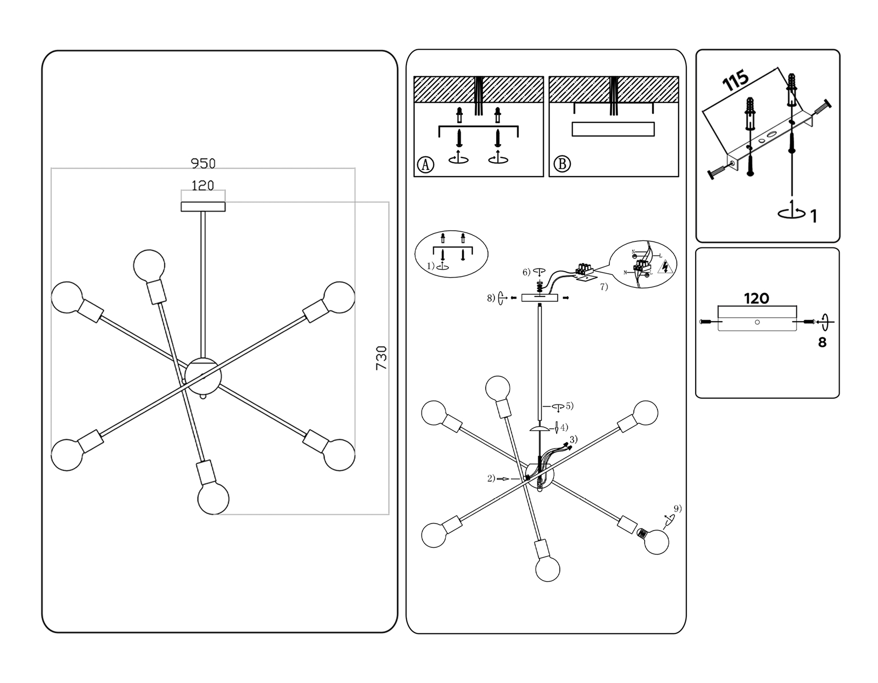 Подвесной светильник в стиле лофт TR80435/6 BK/GD черный/золото E27/6 max 60W D950*730