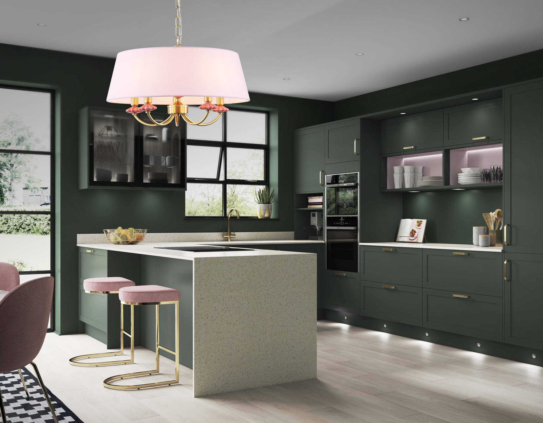 Подвесная люстра с абажуром и декором из керамики LH75021/5 GD/PI золото/розовый E14/5 max 40W D550*730