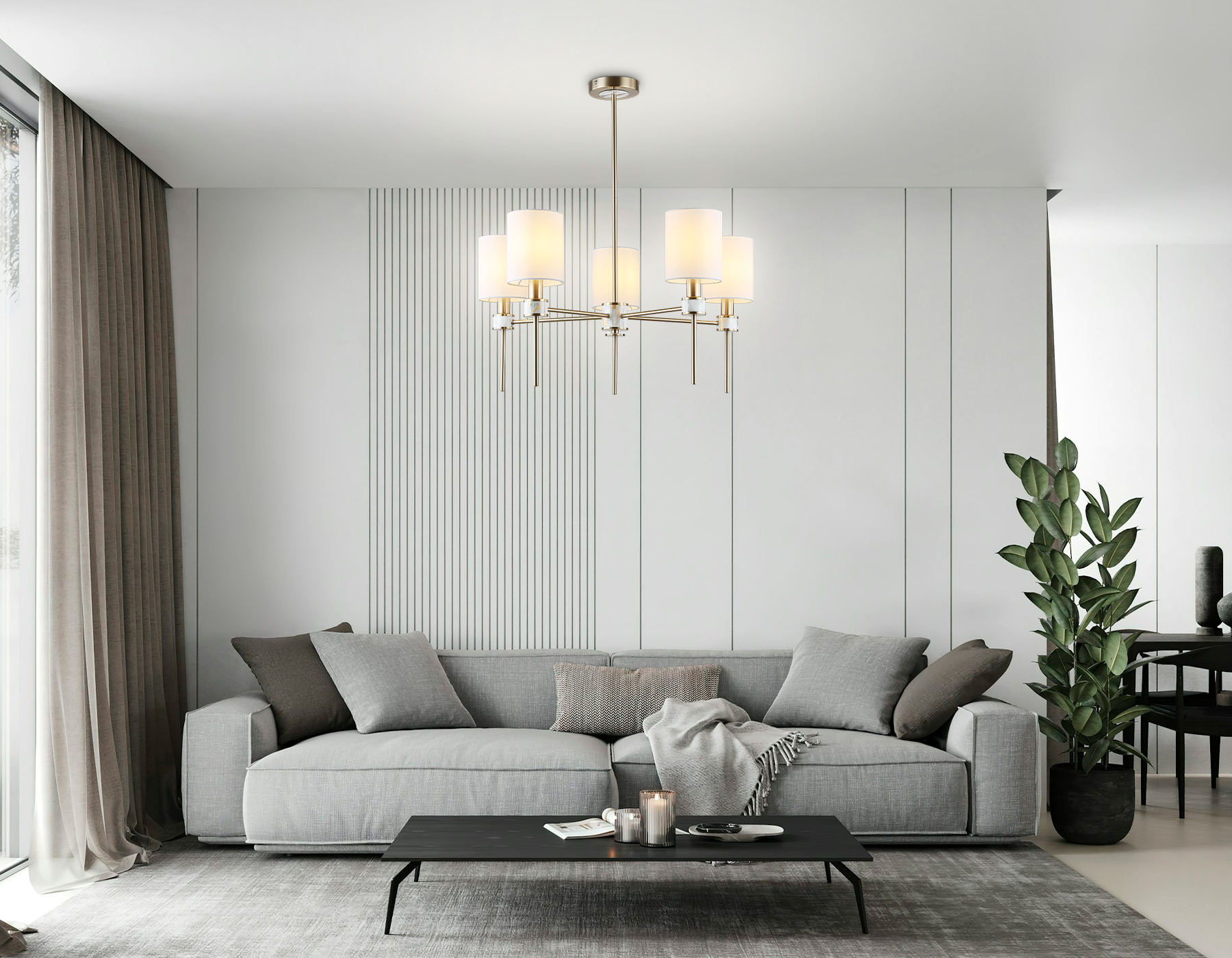 Люстра с абажурами на штанге LH72371/5 DBS/WH темная латунь/белый E14/5 max 40W D680*720